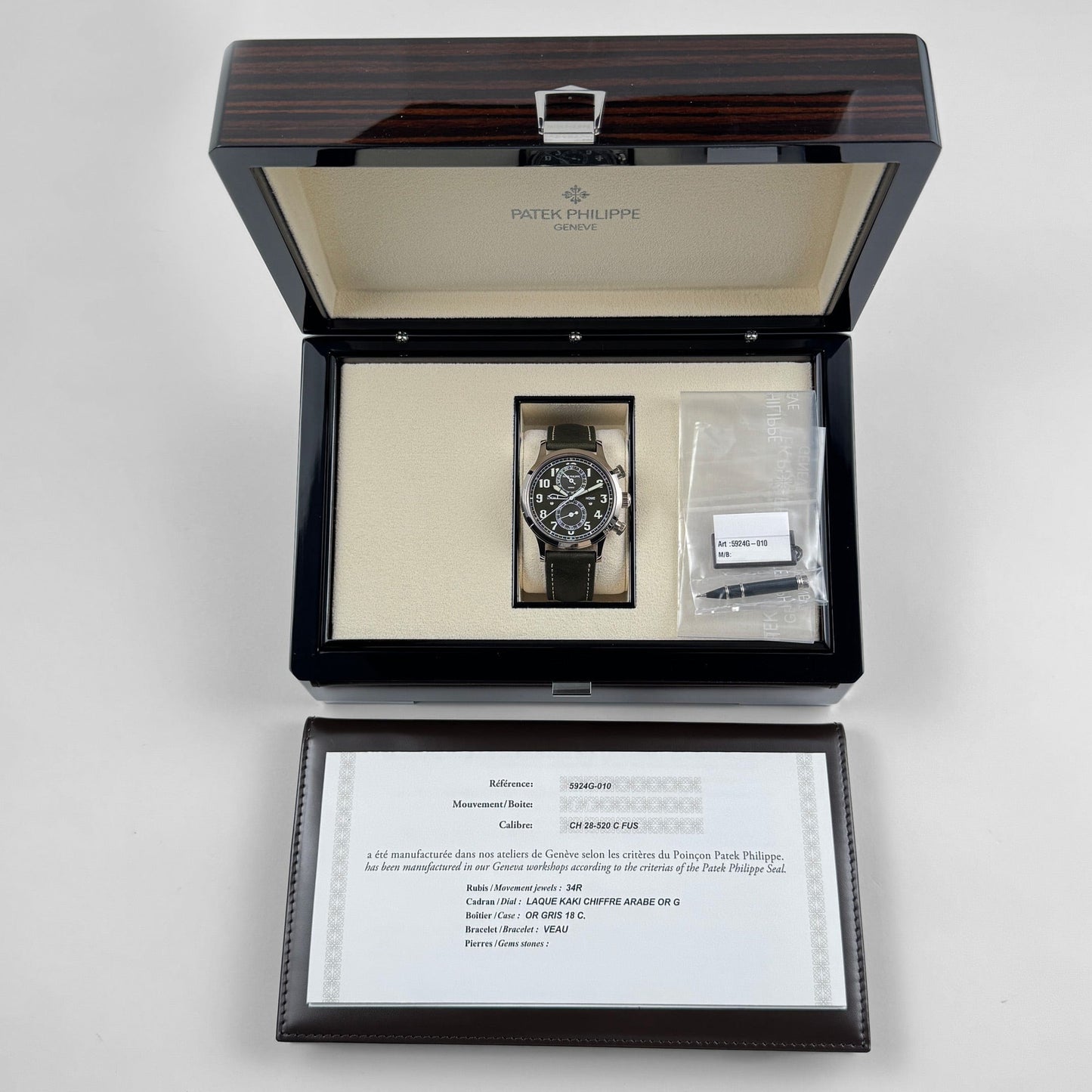 Patek Philippe Complications 5924G-010 Calatrava 'Pilot' Travel Time Chronograph White Gold Green Dial (2023)