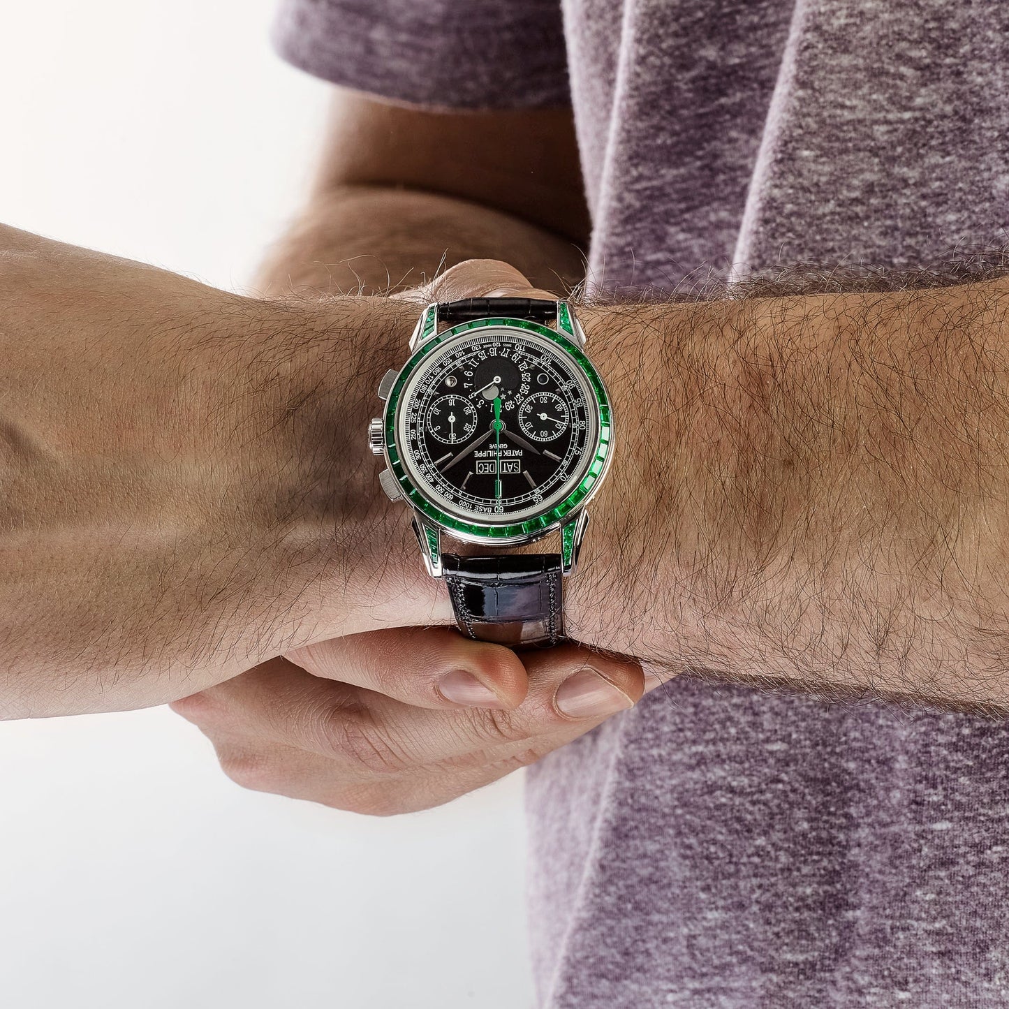 Patek Philippe Grand Complications 5271/13P-001 Perpetual Calendar Moon Phases Platinum Emerald Bezel Black Dial