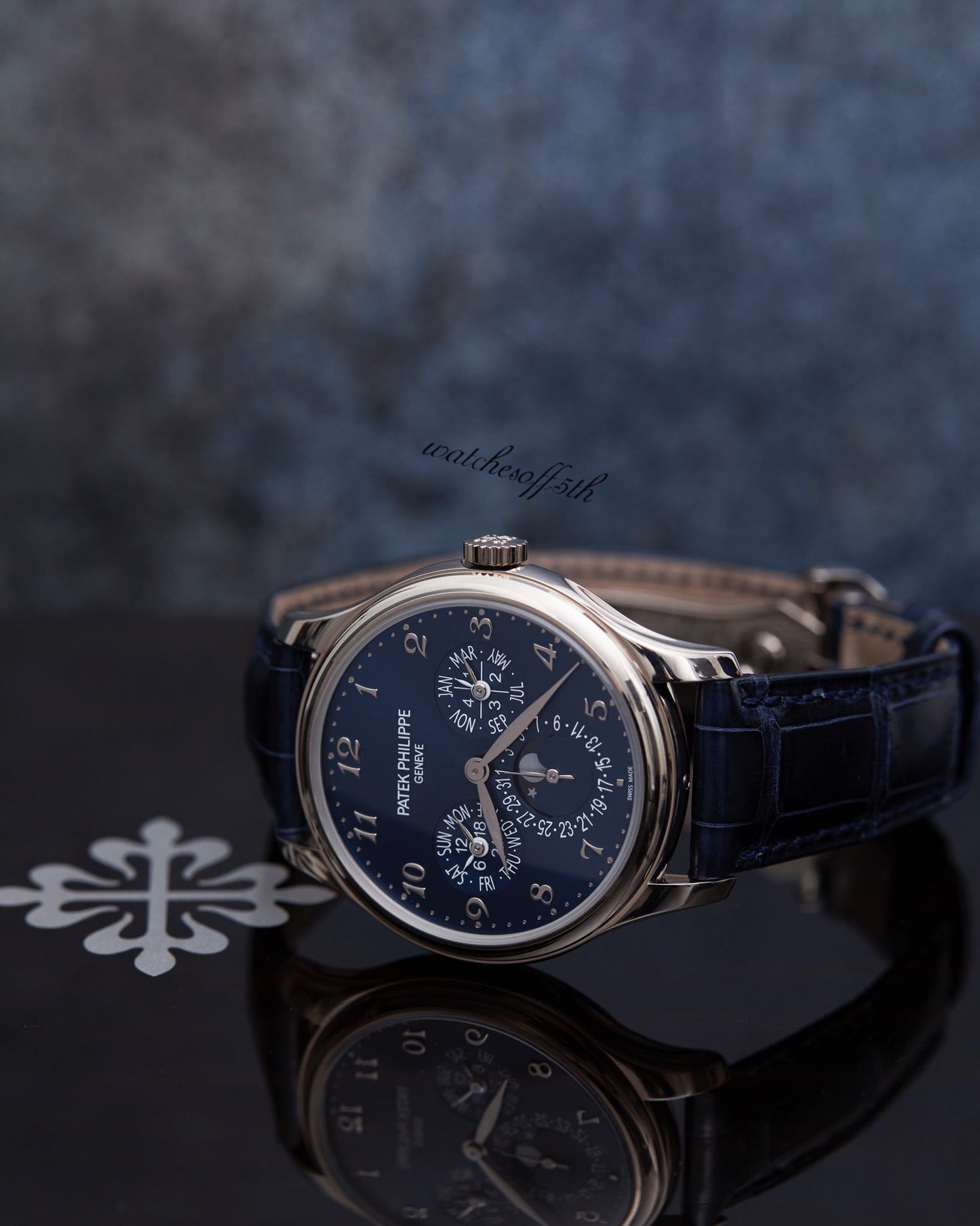 Patek Philippe Grand Complications Perpetual Calendar Moon Phase White Gold/ Royal Blue Dial & Strap (Ref#5327G-001)