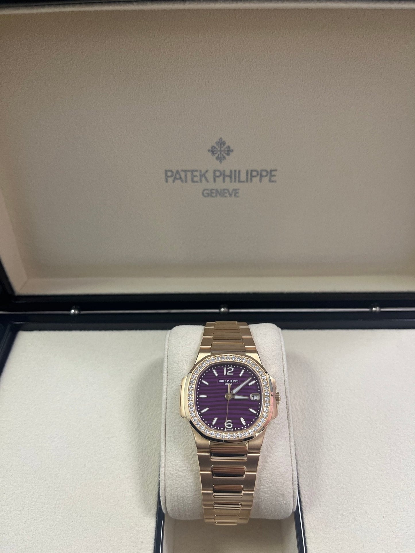 Patek Philippe Nautilus 32mm Diamond Bezel Rose Gold Purple Wave Dial 7010/1R-013