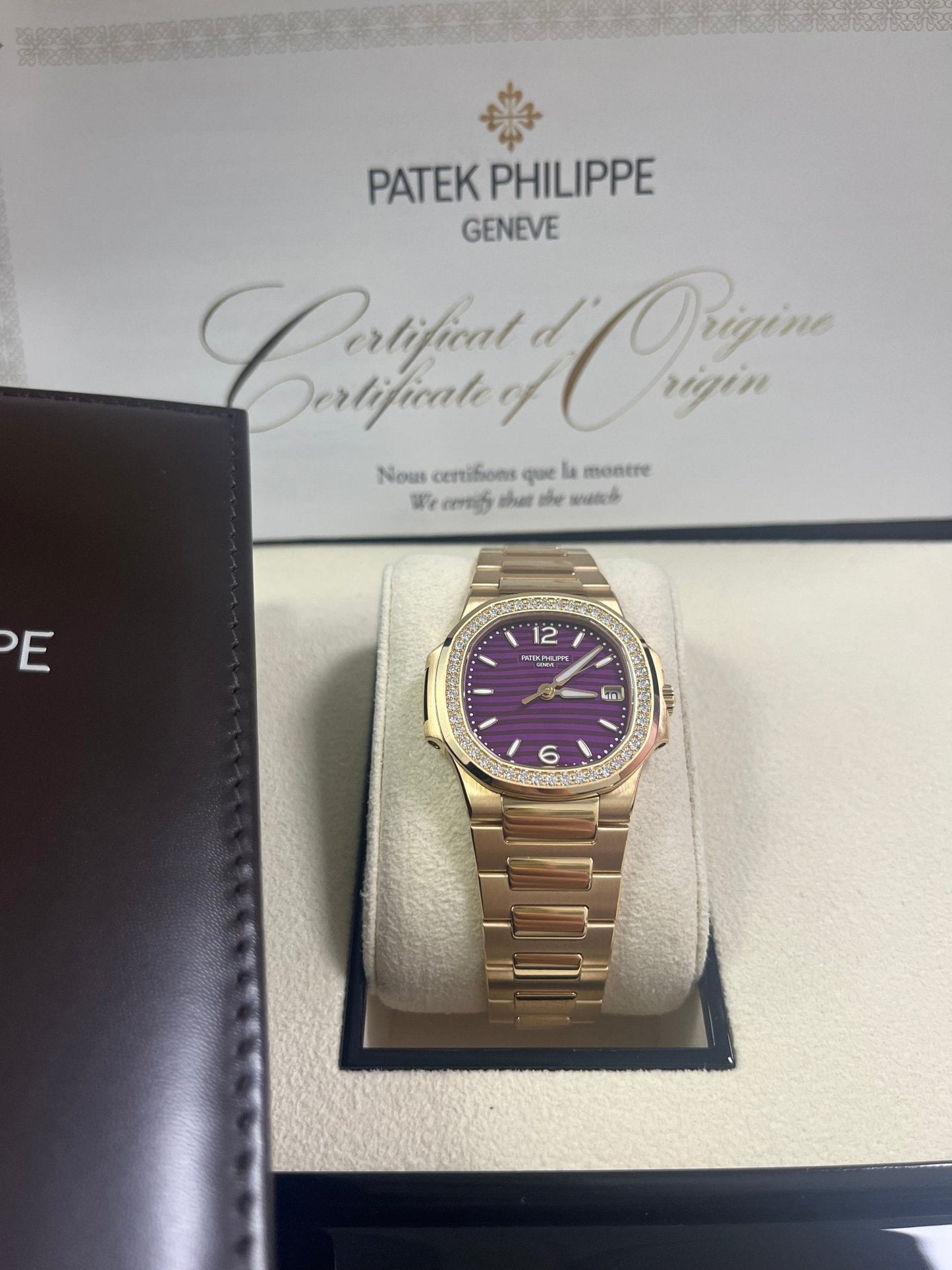 Patek Philippe Nautilus 32mm Diamond Bezel Rose Gold Purple Wave Dial 7010/1R-013