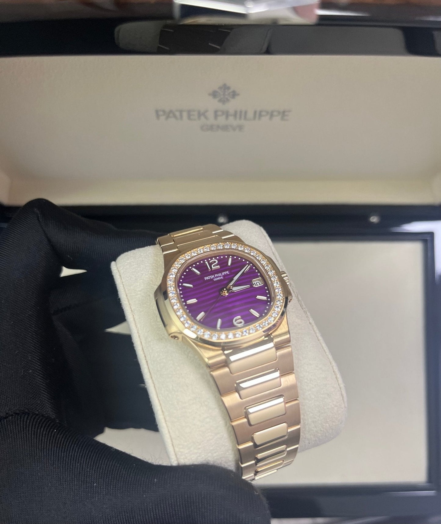 Patek Philippe Nautilus 32mm Diamond Bezel Rose Gold Purple Wave Dial 7010/1R-013