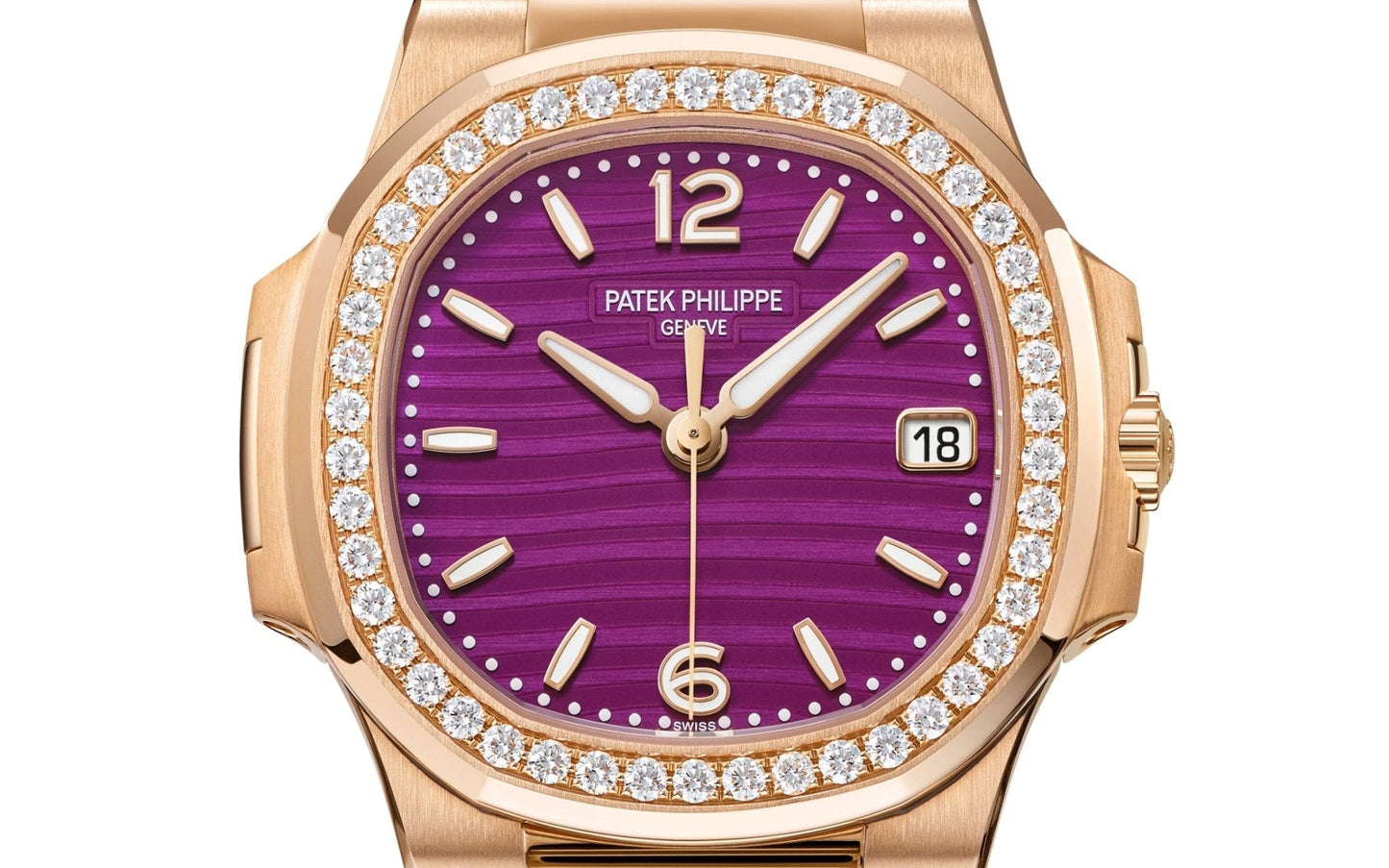 Patek Philippe Nautilus 32mm Diamond Bezel Rose Gold Purple Wave Dial 7010/1R-013