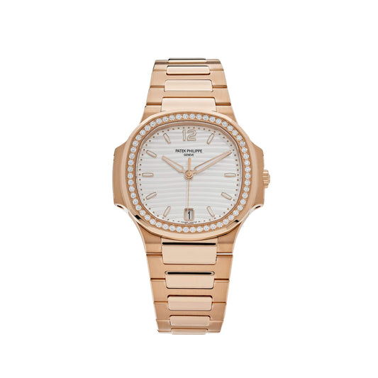 Patek Philippe Nautilus 7118/1200R-001 Ladies Automatic Rose Gold Silver Dial Diamond Bezel