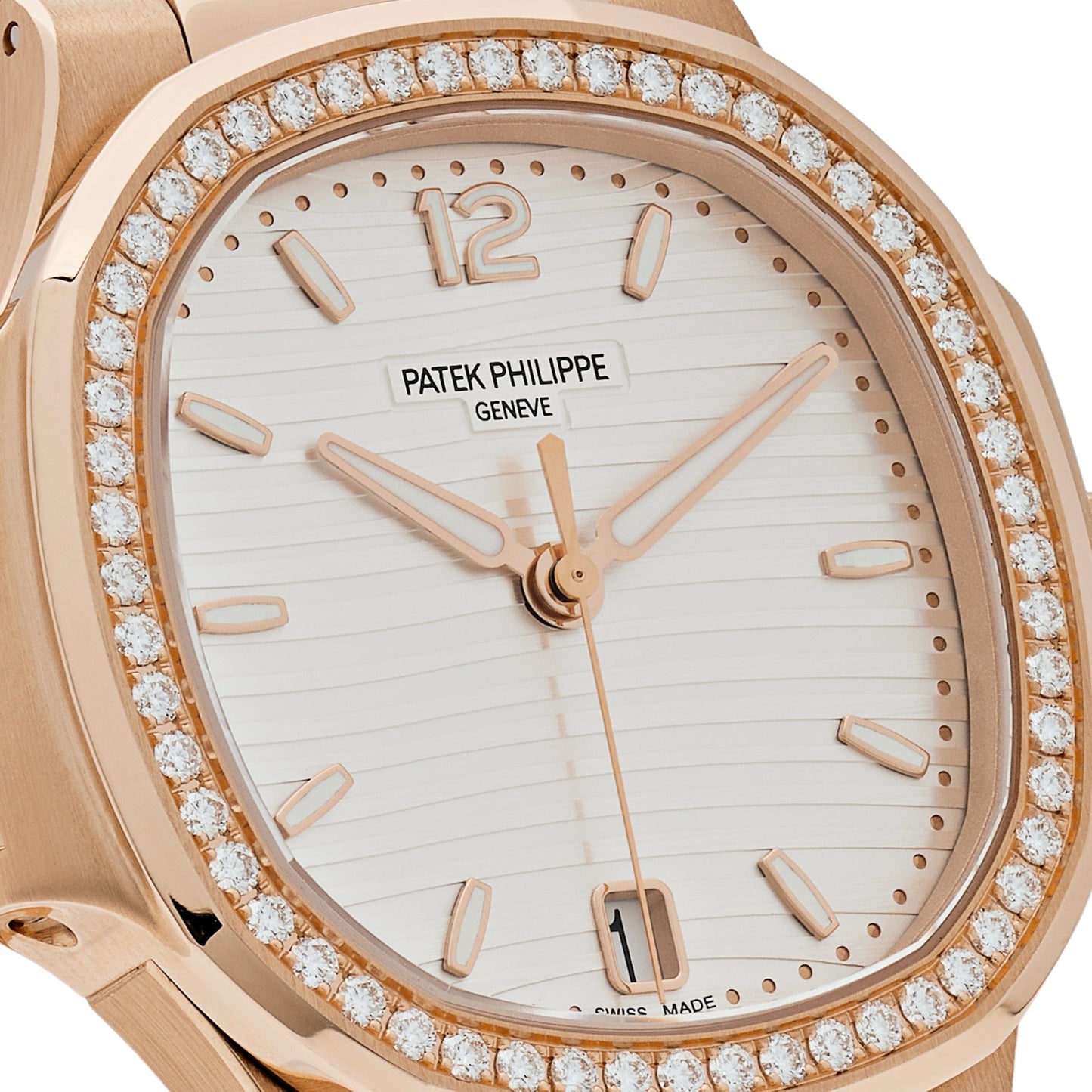 Patek Philippe Nautilus 7118/1200R-001 Ladies Automatic Rose Gold Silver Dial Diamond Bezel