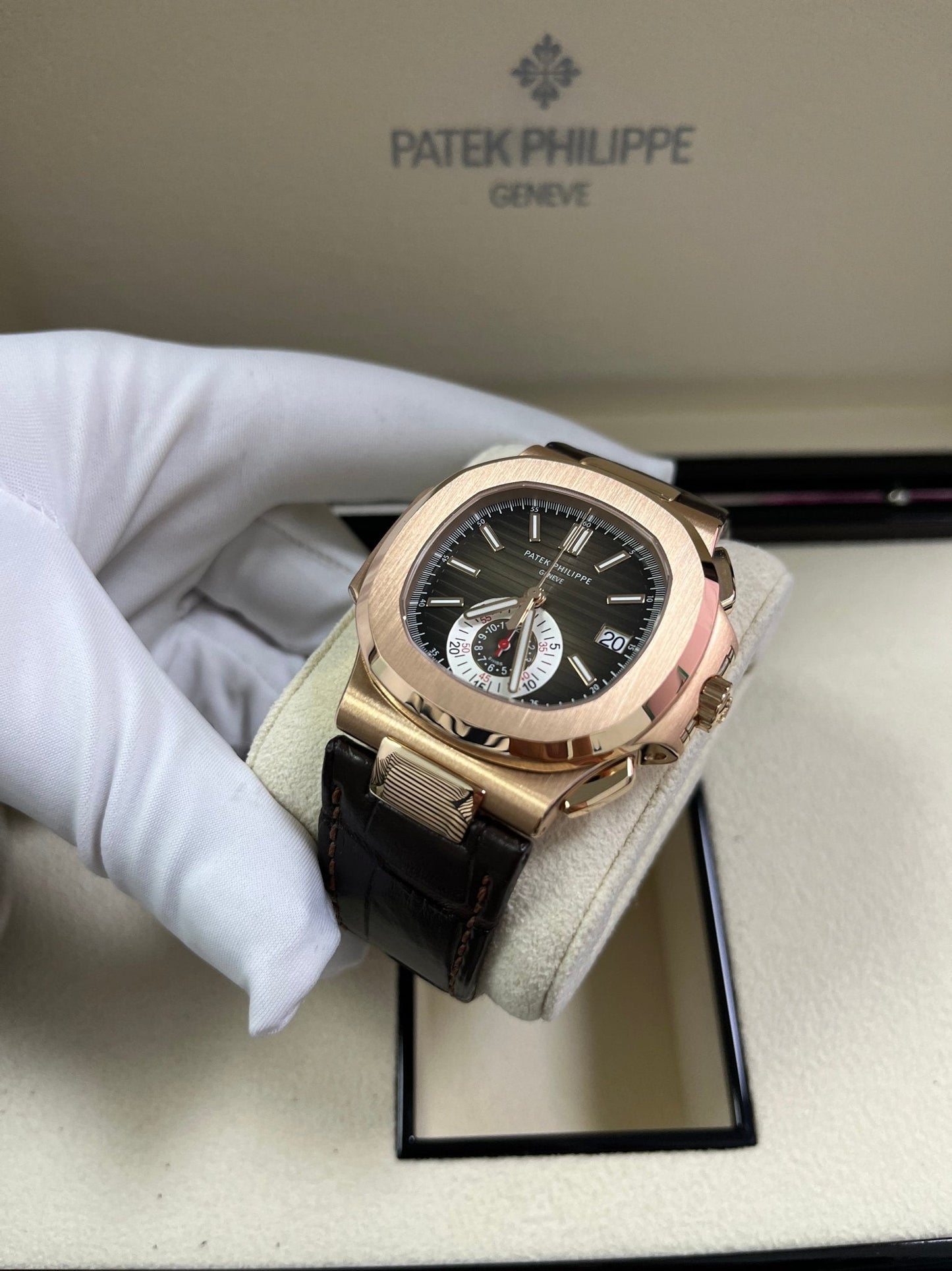 Patek Philippe Nautilus Rose Gold/ Brown Dial/ Leather Strap (Ref#5980R-001)