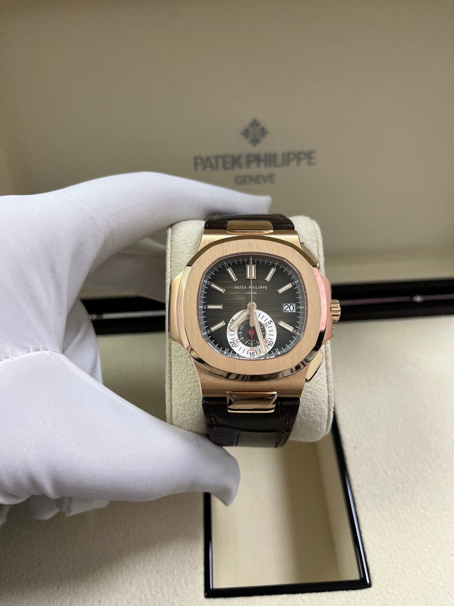 Patek Philippe Nautilus Rose Gold/ Brown Dial/ Leather Strap (Ref#5980R-001)
