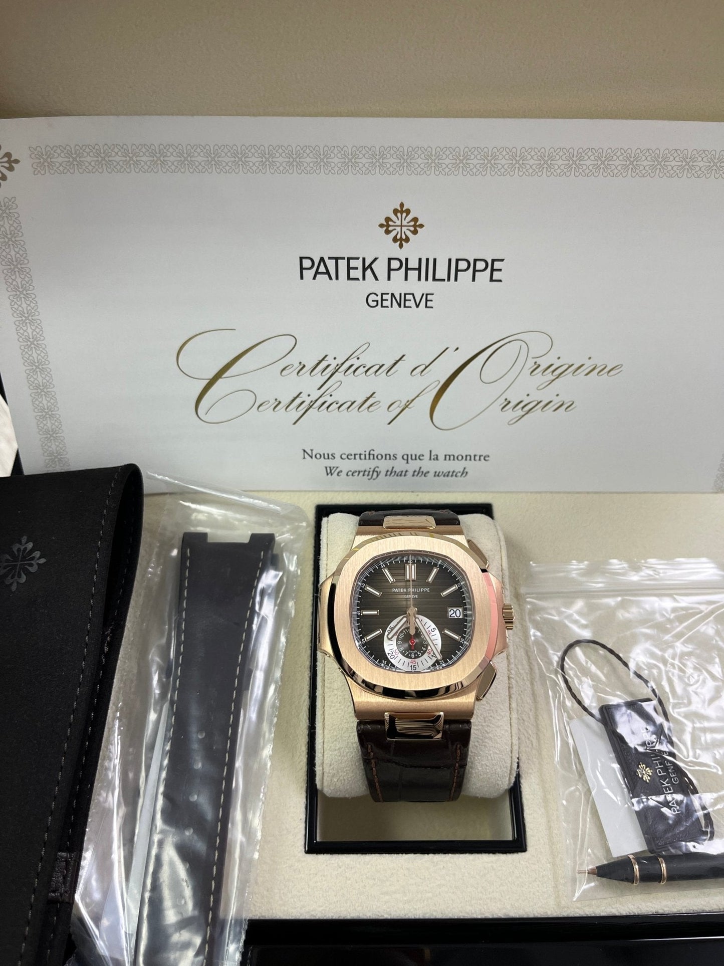 Patek Philippe Nautilus Rose Gold/ Brown Dial/ Leather Strap (Ref#5980R-001)