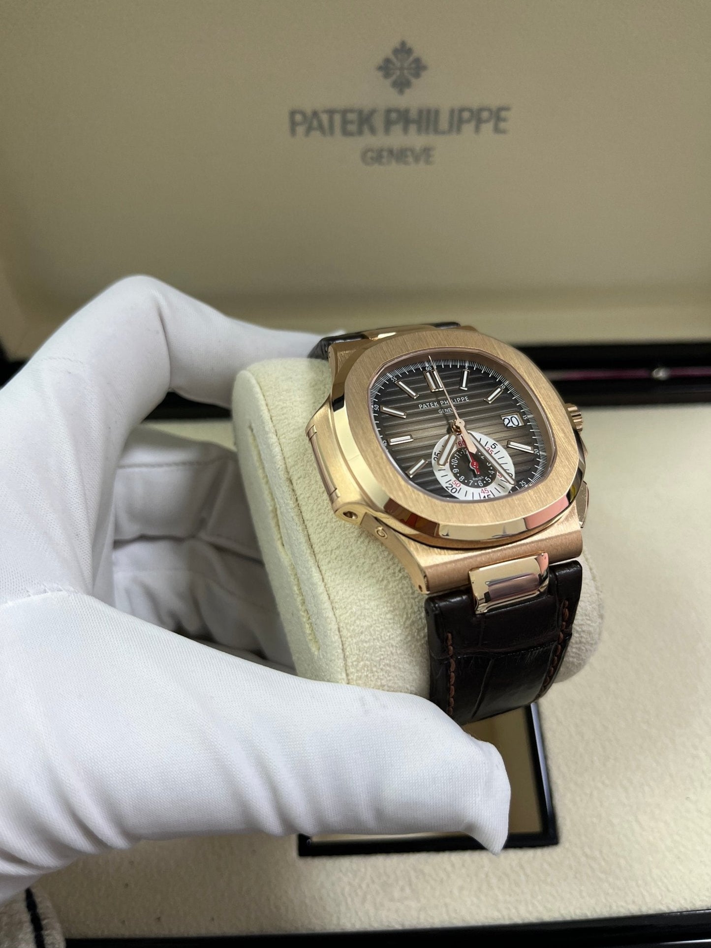 Patek Philippe Nautilus Rose Gold/ Brown Dial/ Leather Strap (Ref#5980R-001)