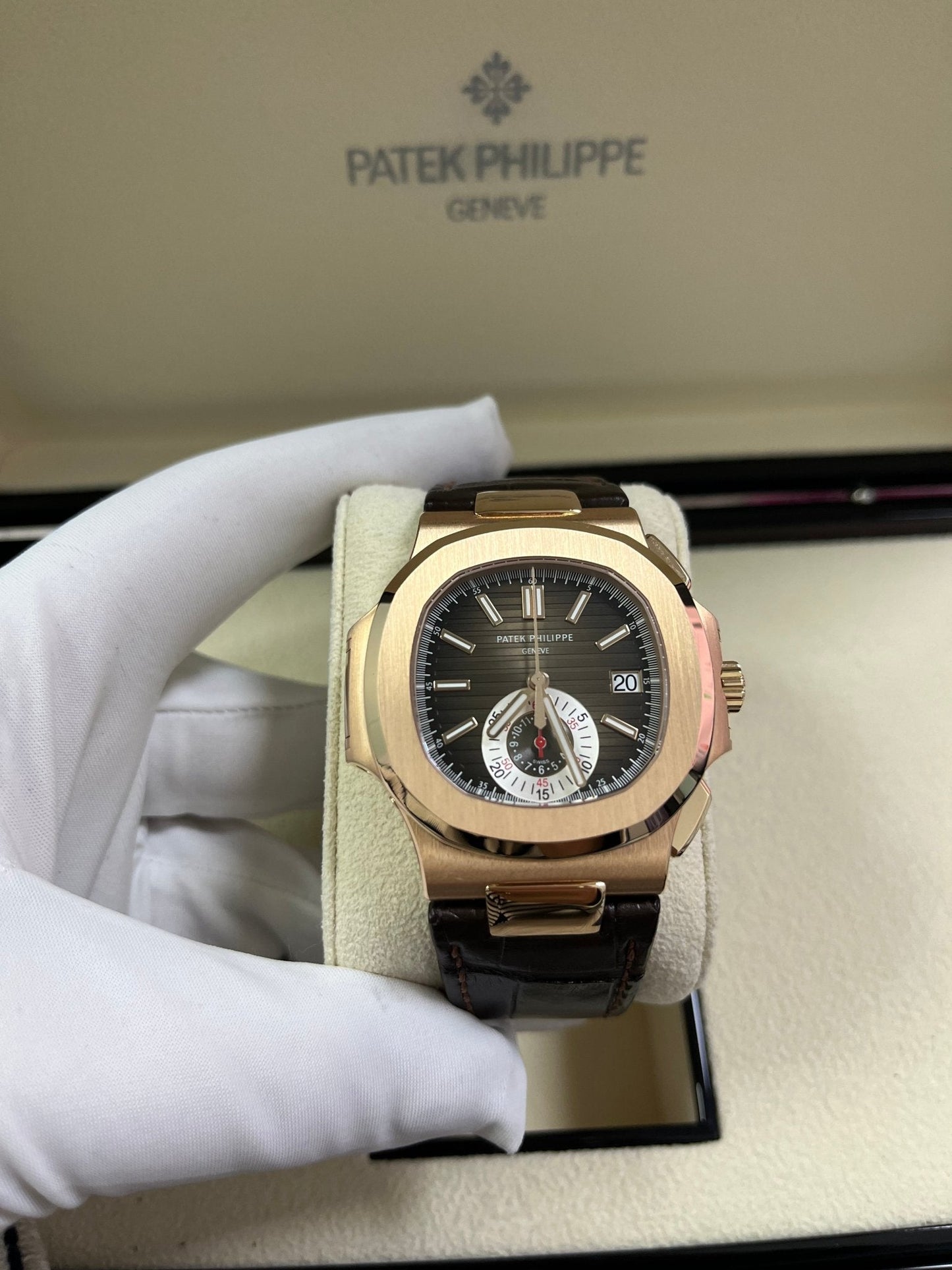 Patek Philippe Nautilus Rose Gold/ Brown Dial/ Leather Strap (Ref#5980R-001)