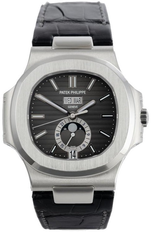 Patek Philippe Nautilus Stainless Steel Moon Phase Black Leather Strap (Ref#5726A-001)