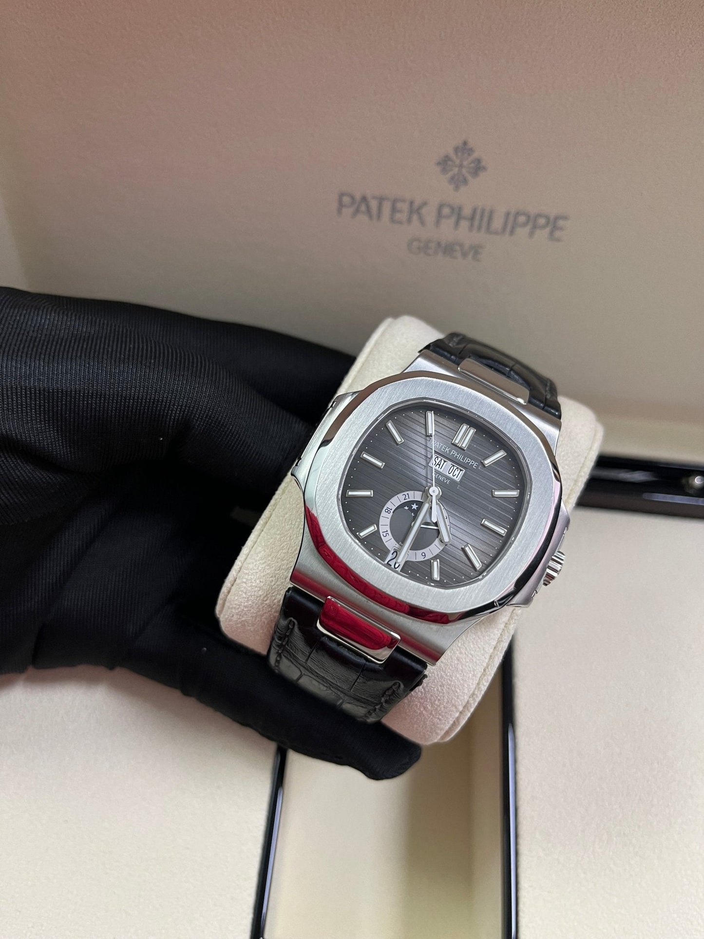 Patek Philippe Nautilus Stainless Steel Moon Phase Black Leather Strap (Ref#5726A-001)