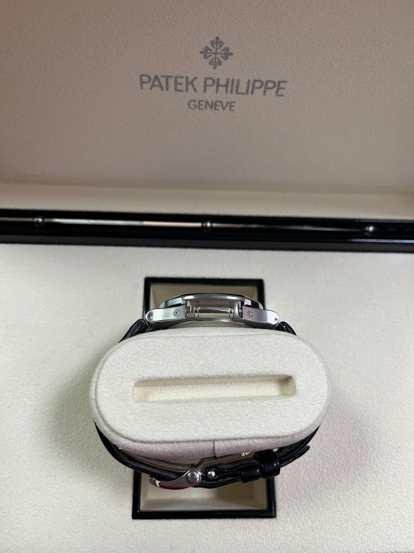 Patek Philippe Nautilus Stainless Steel Moon Phase Black Leather Strap (Ref#5726A-001)