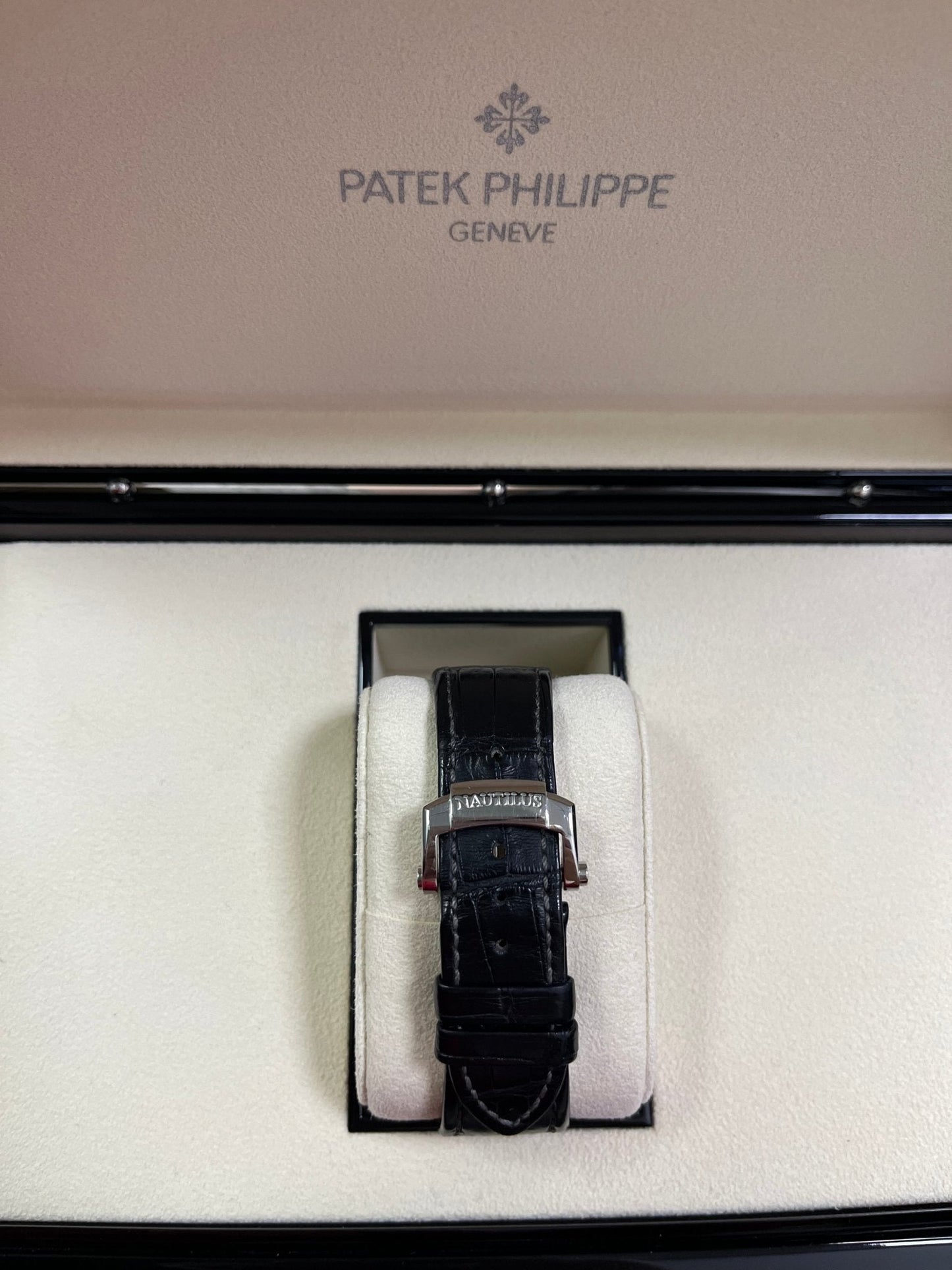 Patek Philippe Nautilus Stainless Steel Moon Phase Black Leather Strap (Ref#5726A-001)