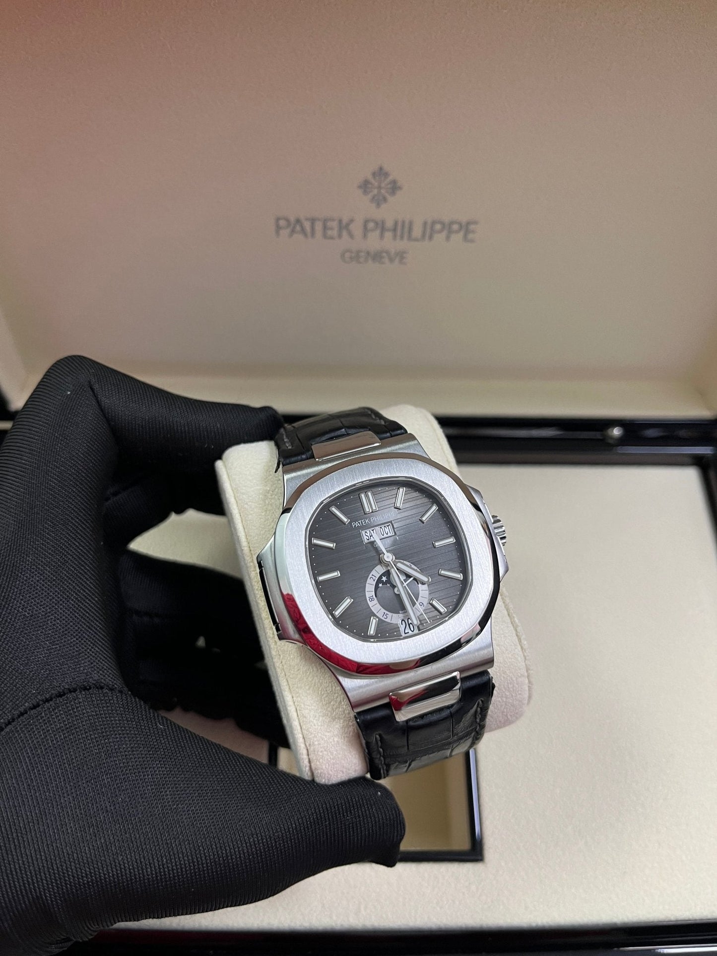 Patek Philippe Nautilus Stainless Steel Moon Phase Black Leather Strap (Ref#5726A-001)