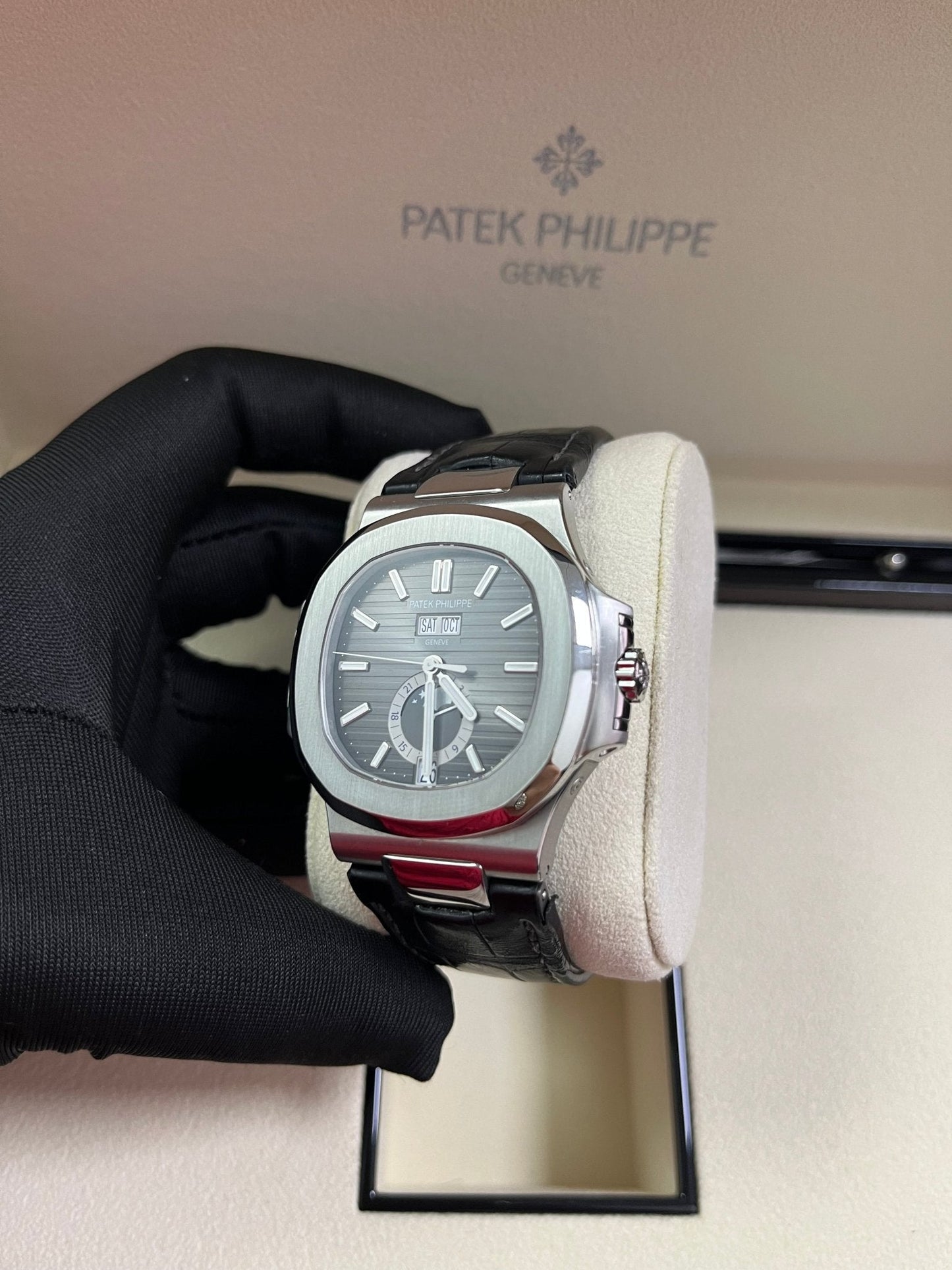 Patek Philippe Nautilus Stainless Steel Moon Phase Black Leather Strap (Ref#5726A-001)