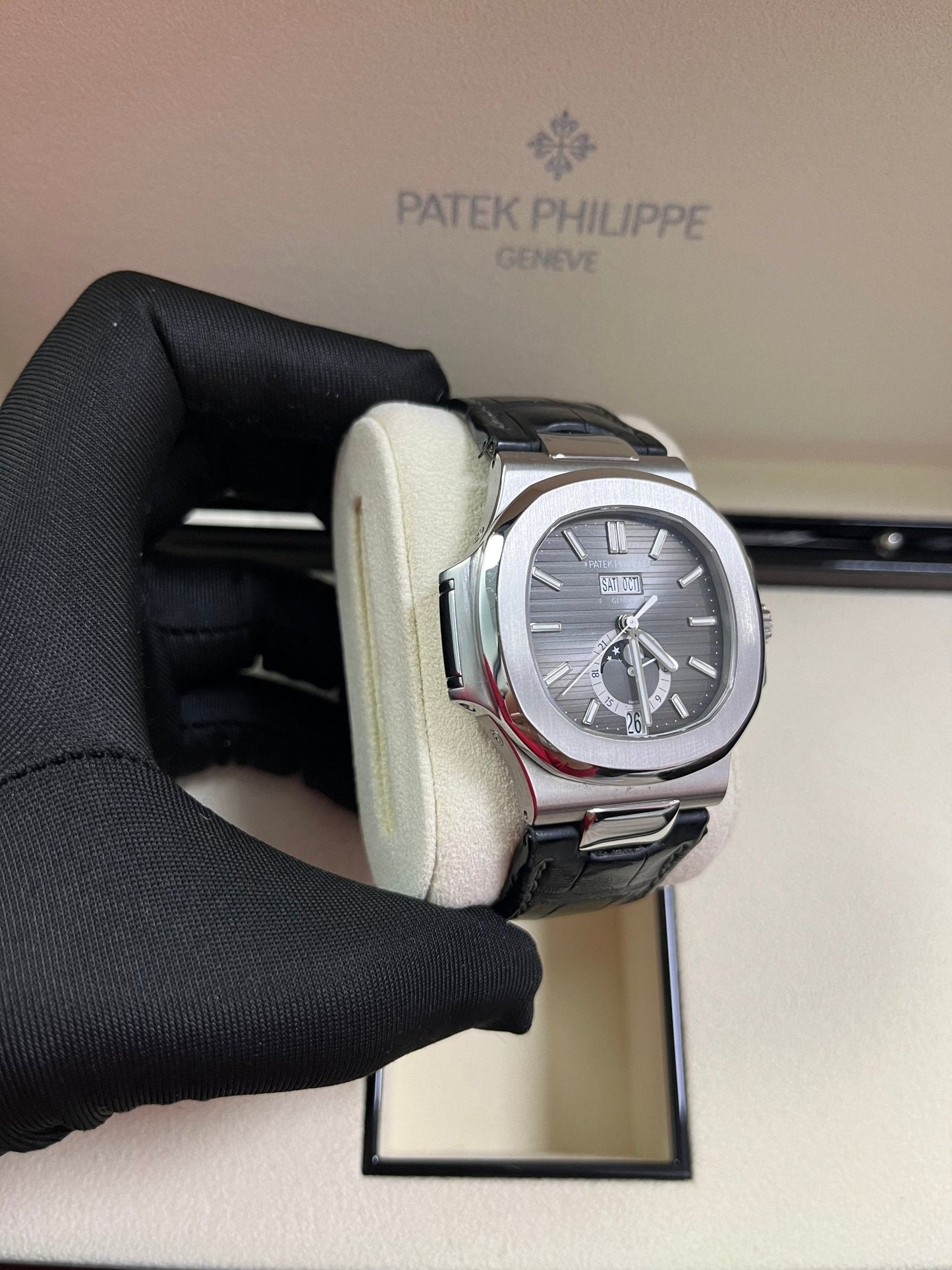Patek Philippe Nautilus Stainless Steel Moon Phase Black Leather Strap (Ref#5726A-001)