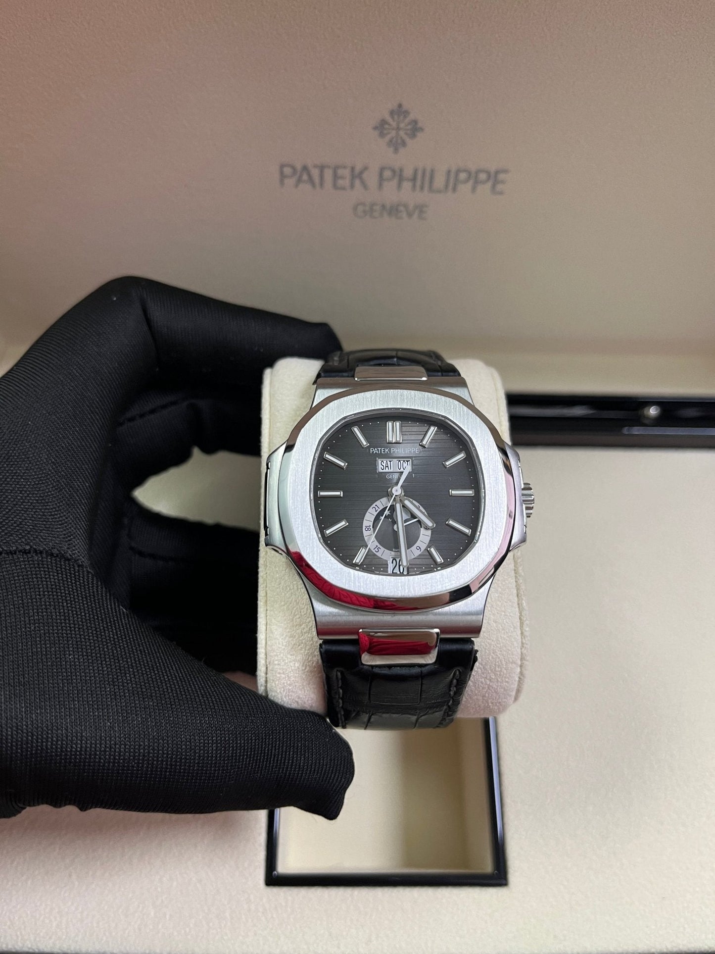 Patek Philippe Nautilus Stainless Steel Moon Phase Black Leather Strap (Ref#5726A-001)