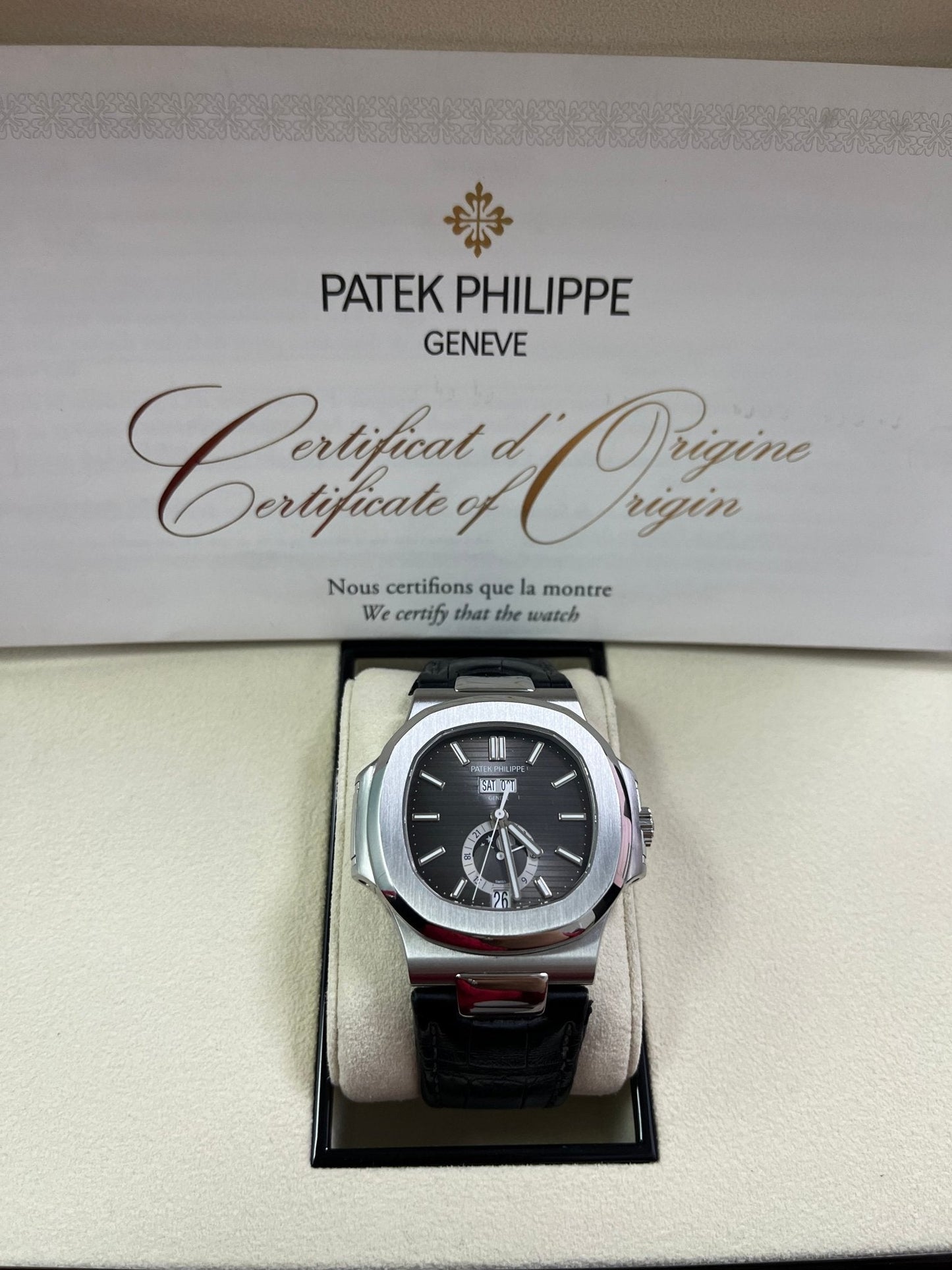 Patek Philippe Nautilus Stainless Steel Moon Phase Black Leather Strap (Ref#5726A-001)