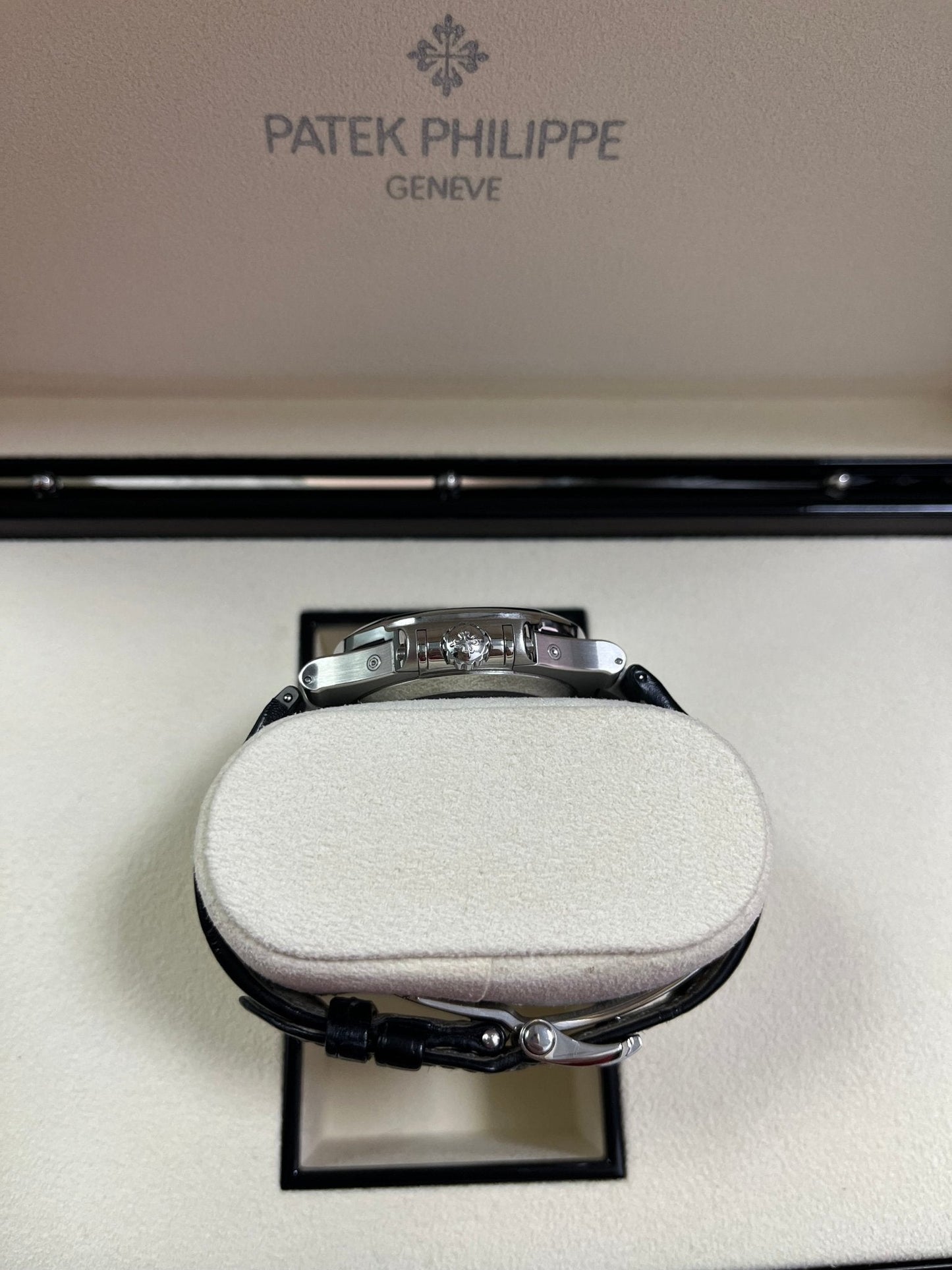 Patek Philippe Nautilus Stainless Steel Moon Phase Black Leather Strap (Ref#5726A-001)