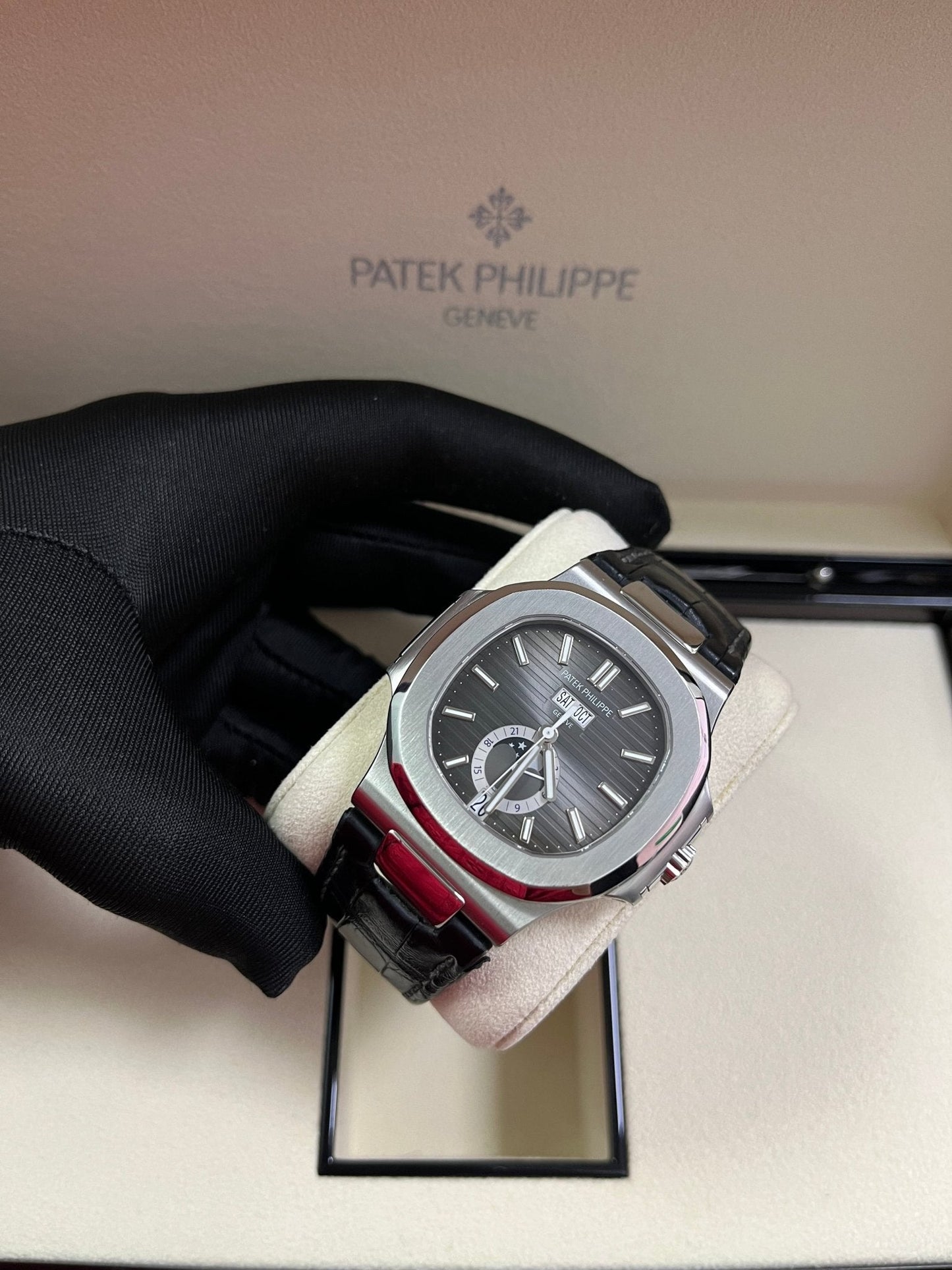 Patek Philippe Nautilus Stainless Steel Moon Phase Black Leather Strap (Ref#5726A-001)