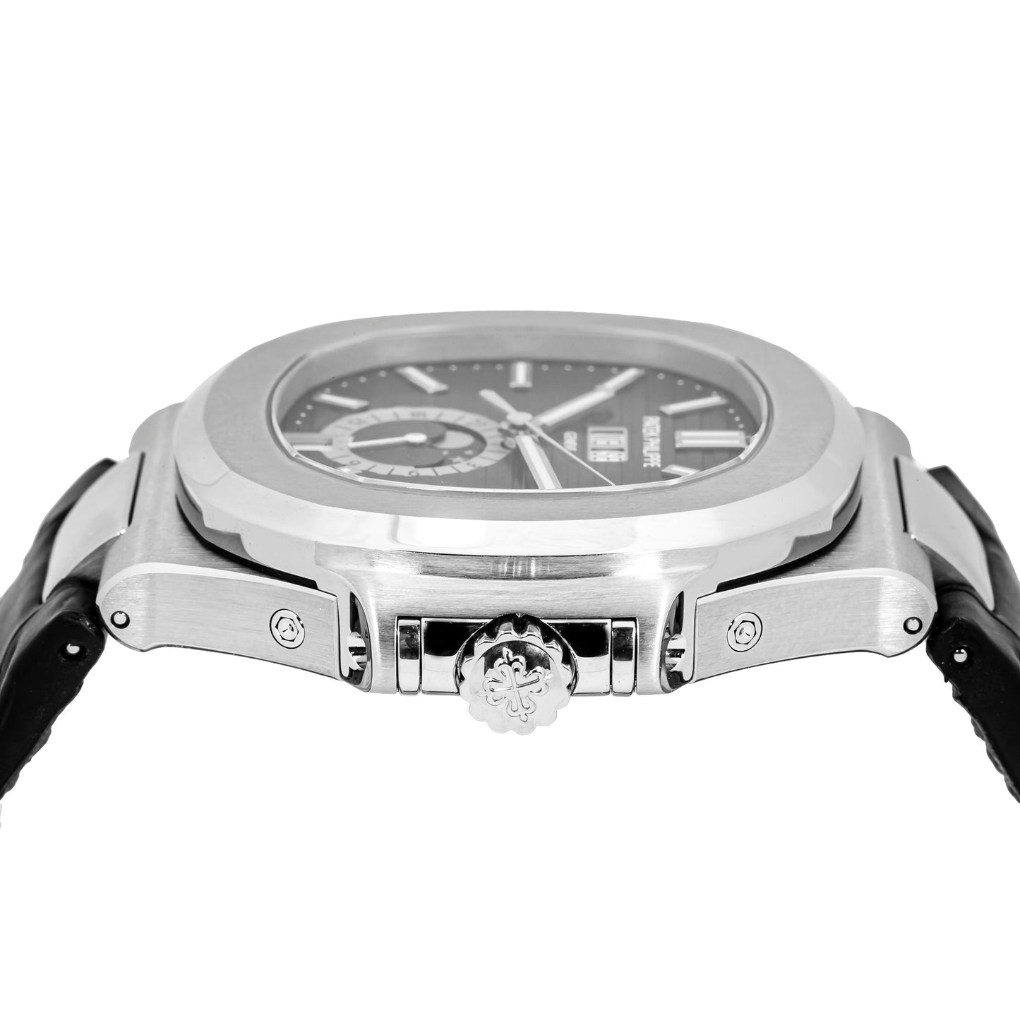 Patek Philippe Nautilus Stainless Steel Moon Phase Black Leather Strap (Ref#5726A-001)