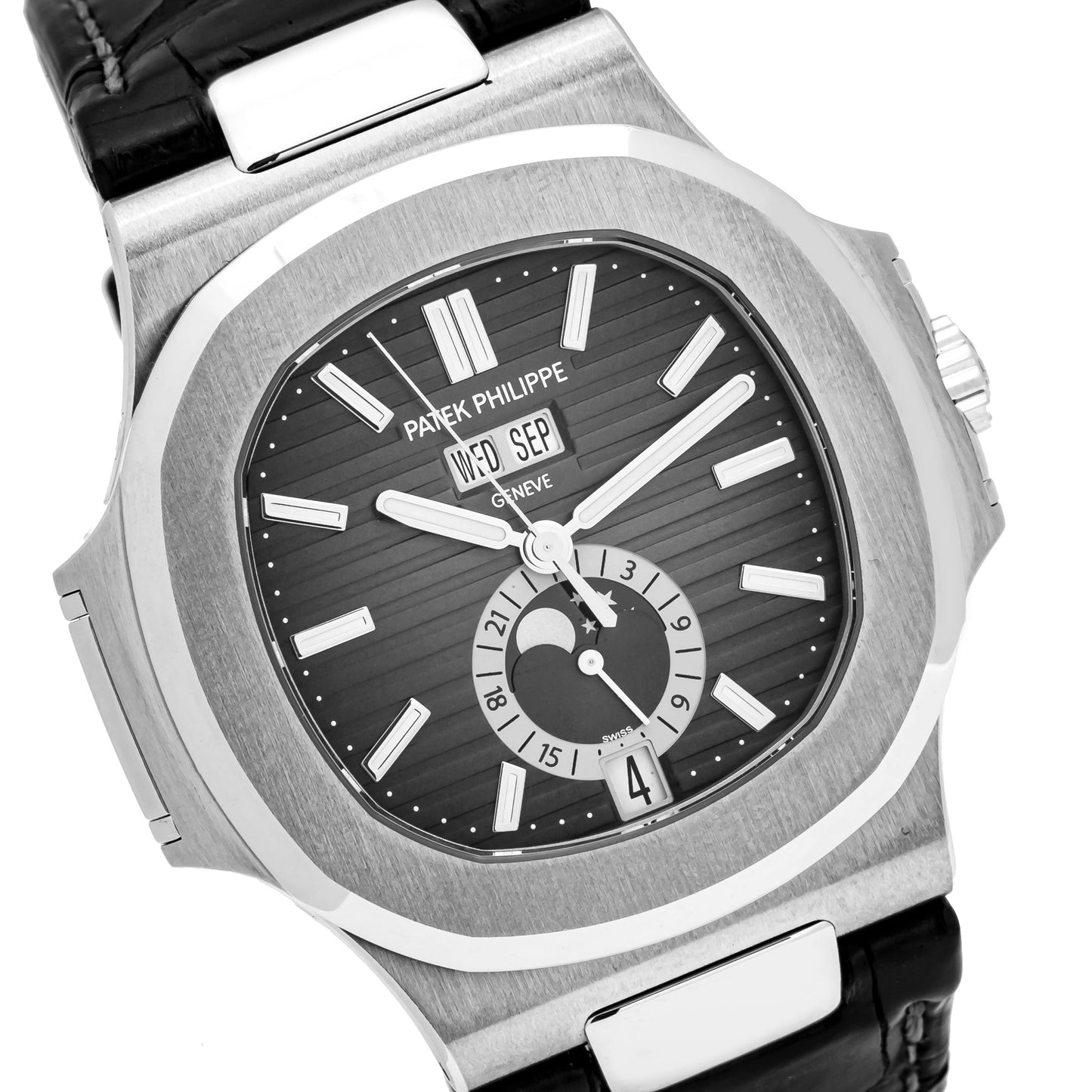 Patek Philippe Nautilus Stainless Steel Moon Phase Black Leather Strap (Ref#5726A-001)