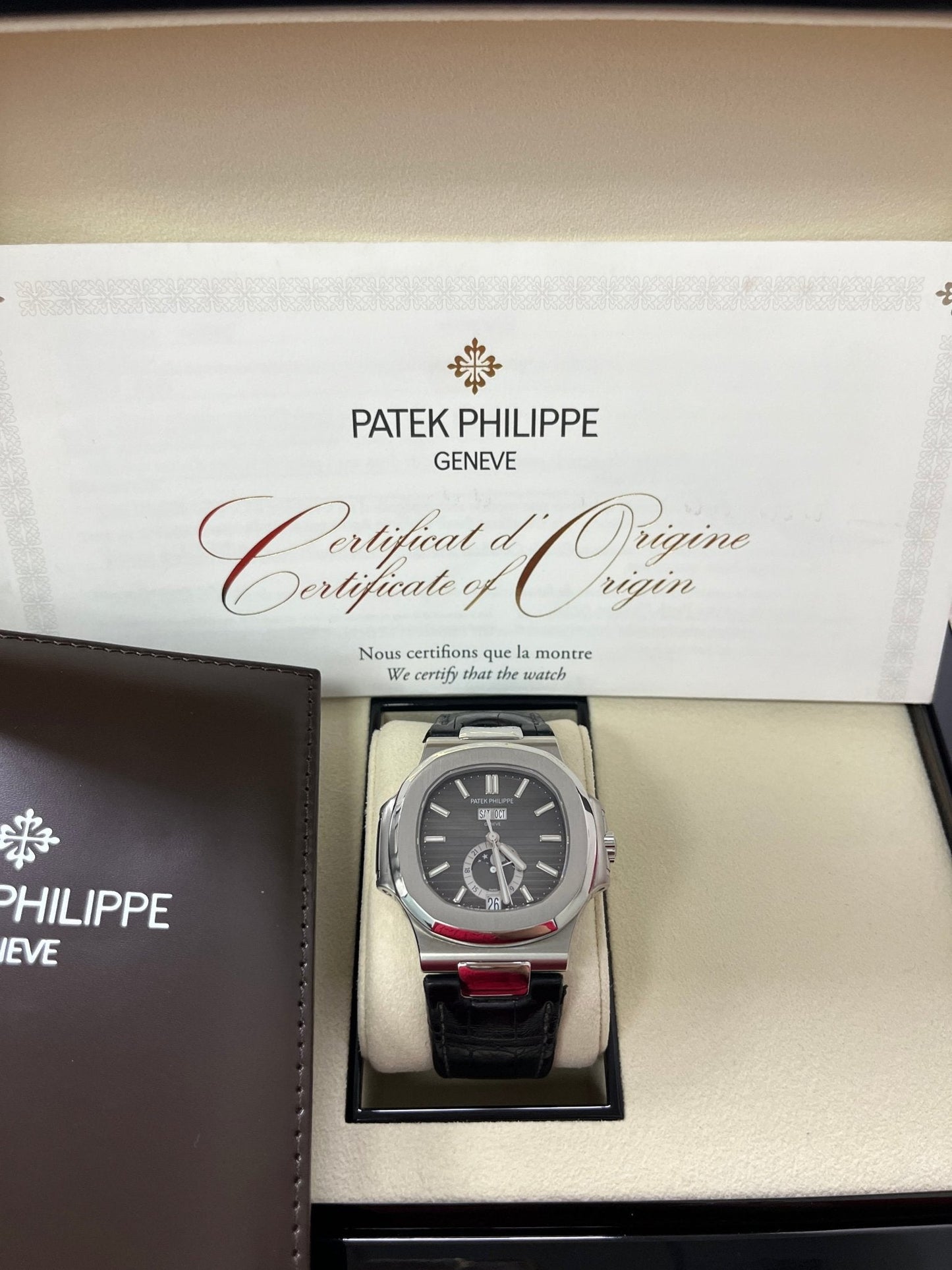 Patek Philippe Nautilus Stainless Steel Moon Phase Black Leather Strap (Ref#5726A-001)