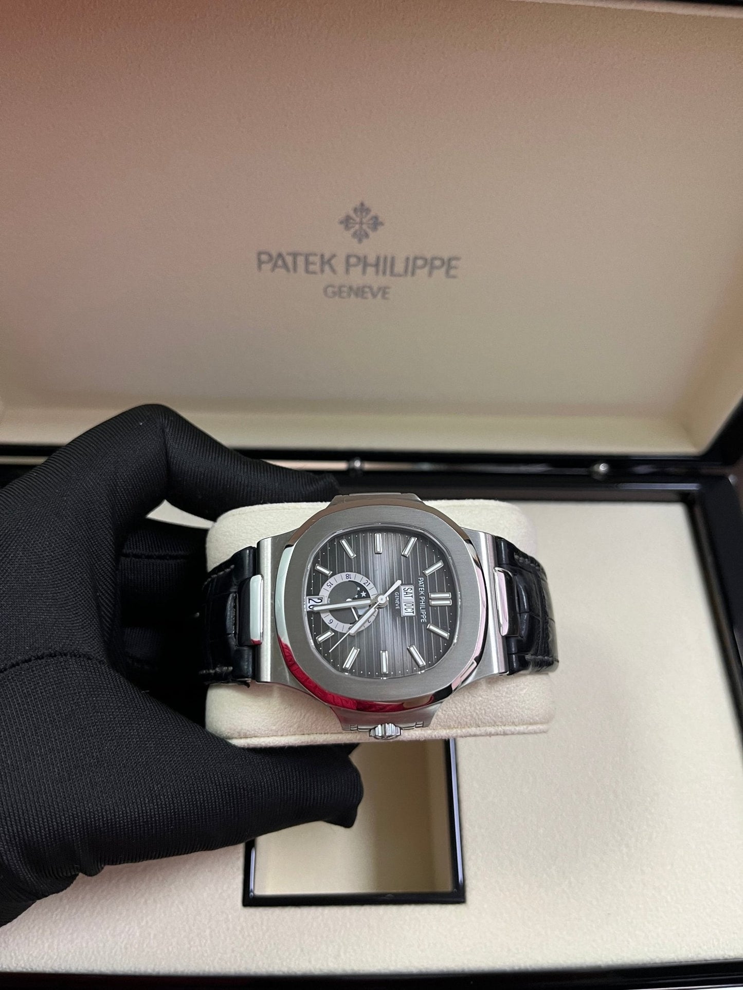 Patek Philippe Nautilus Stainless Steel Moon Phase Black Leather Strap (Ref#5726A-001)