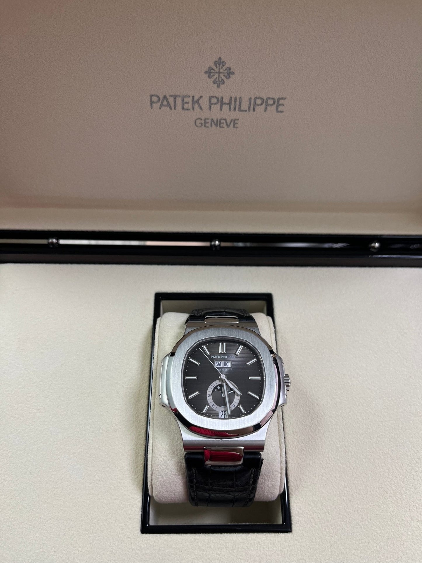 Patek Philippe Nautilus Stainless Steel Moon Phase Black Leather Strap (Ref#5726A-001)