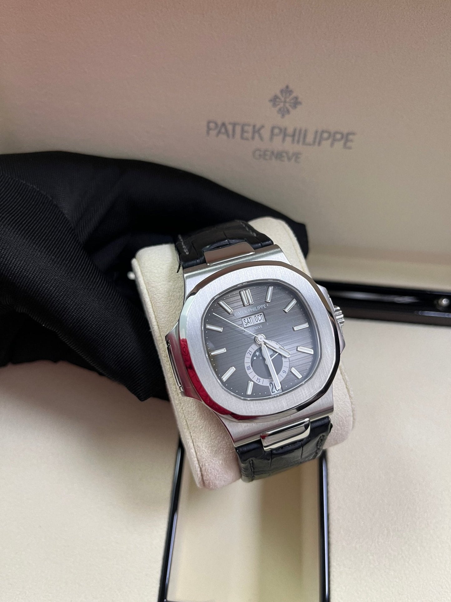 Patek Philippe Nautilus Stainless Steel Moon Phase Black Leather Strap (Ref#5726A-001)