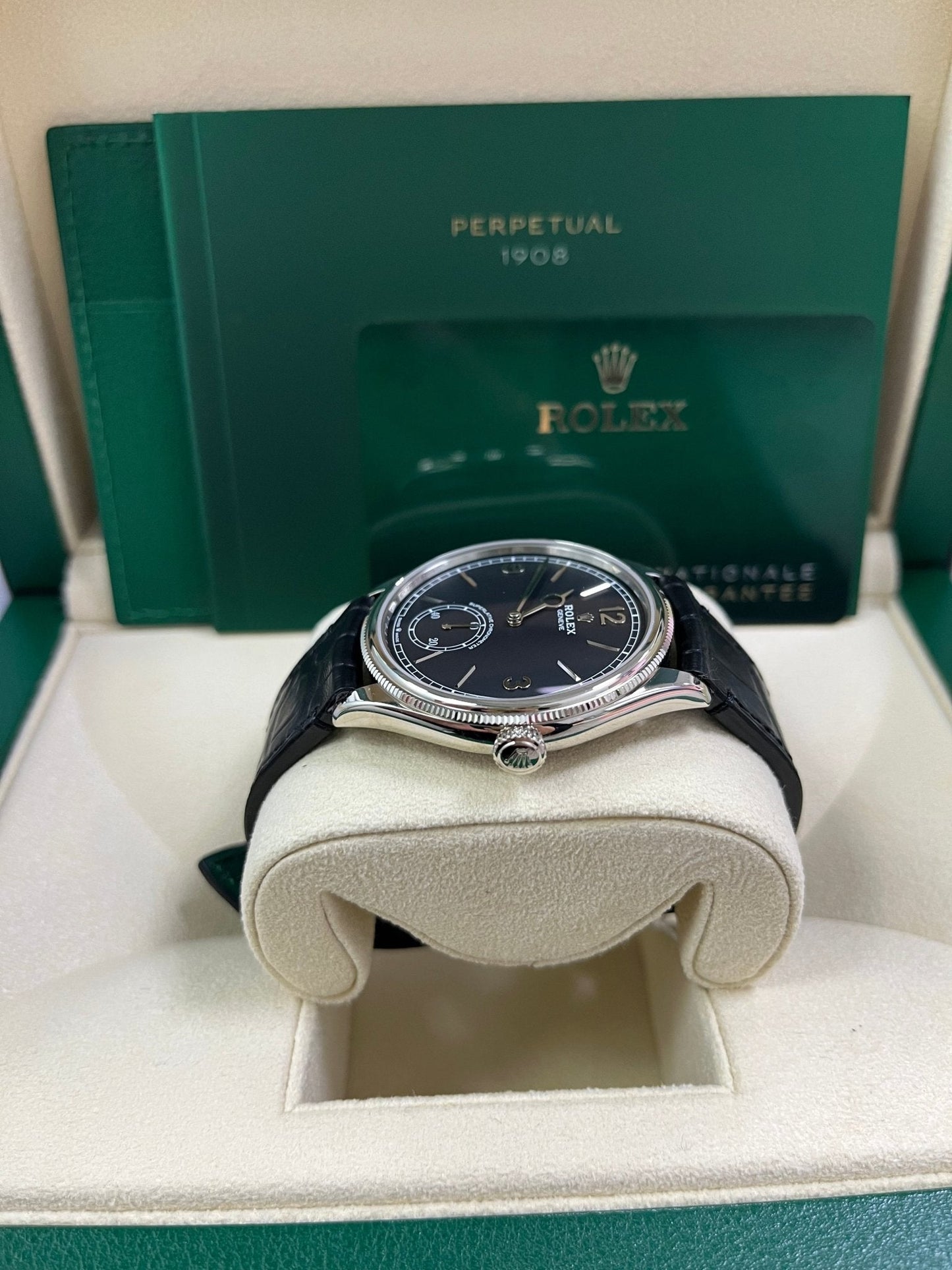 Rolex 1908 Domed And Fluted Bezel Black Index Arabic Dial Alligator Leather Strap 52509