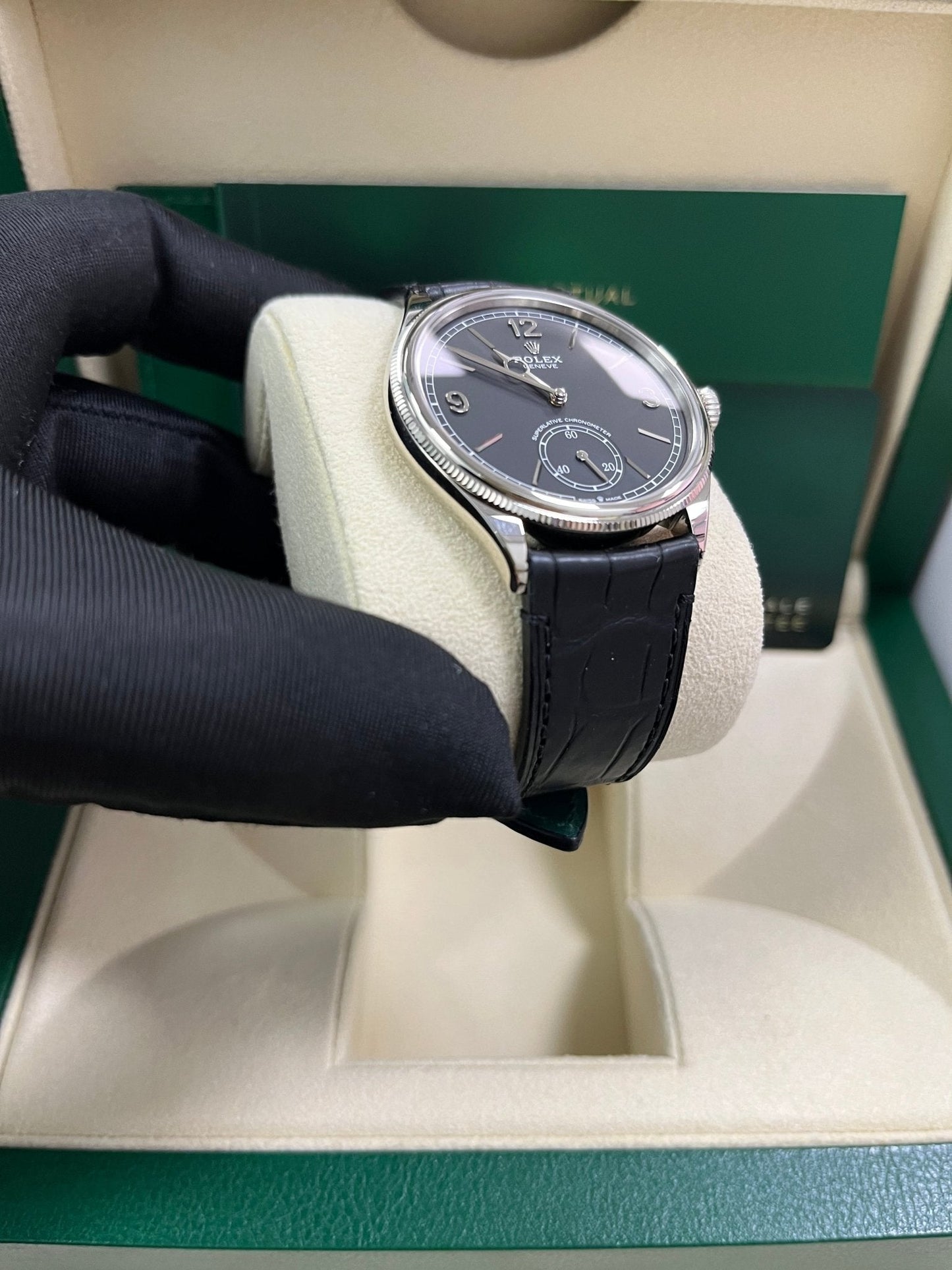 Rolex 1908 Domed And Fluted Bezel Black Index Arabic Dial Alligator Leather Strap 52509