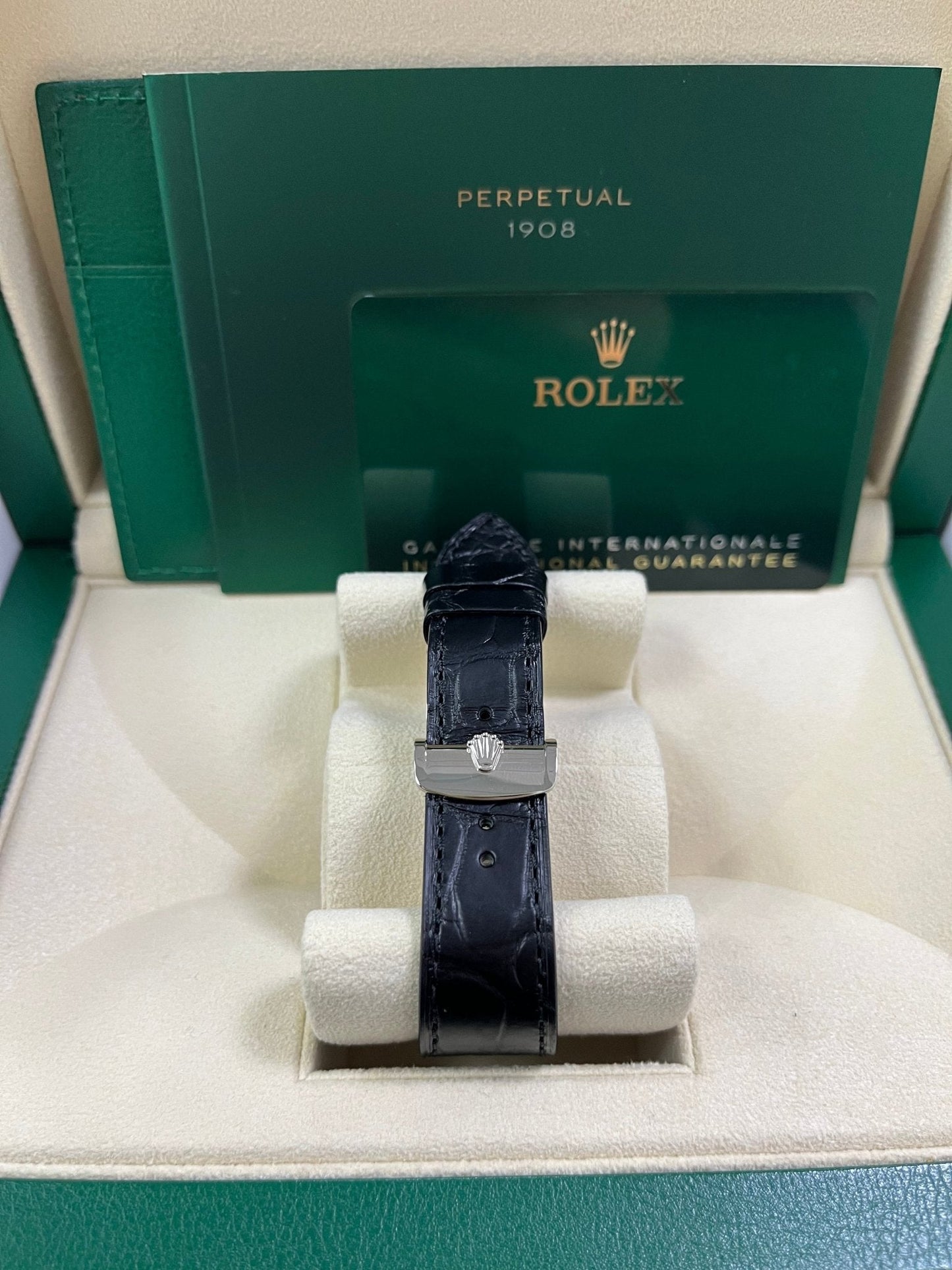 Rolex 1908 Domed And Fluted Bezel Black Index Arabic Dial Alligator Leather Strap 52509
