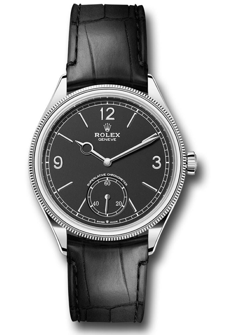 Rolex 1908 Domed And Fluted Bezel Black Index Arabic Dial Alligator Leather Strap 52509