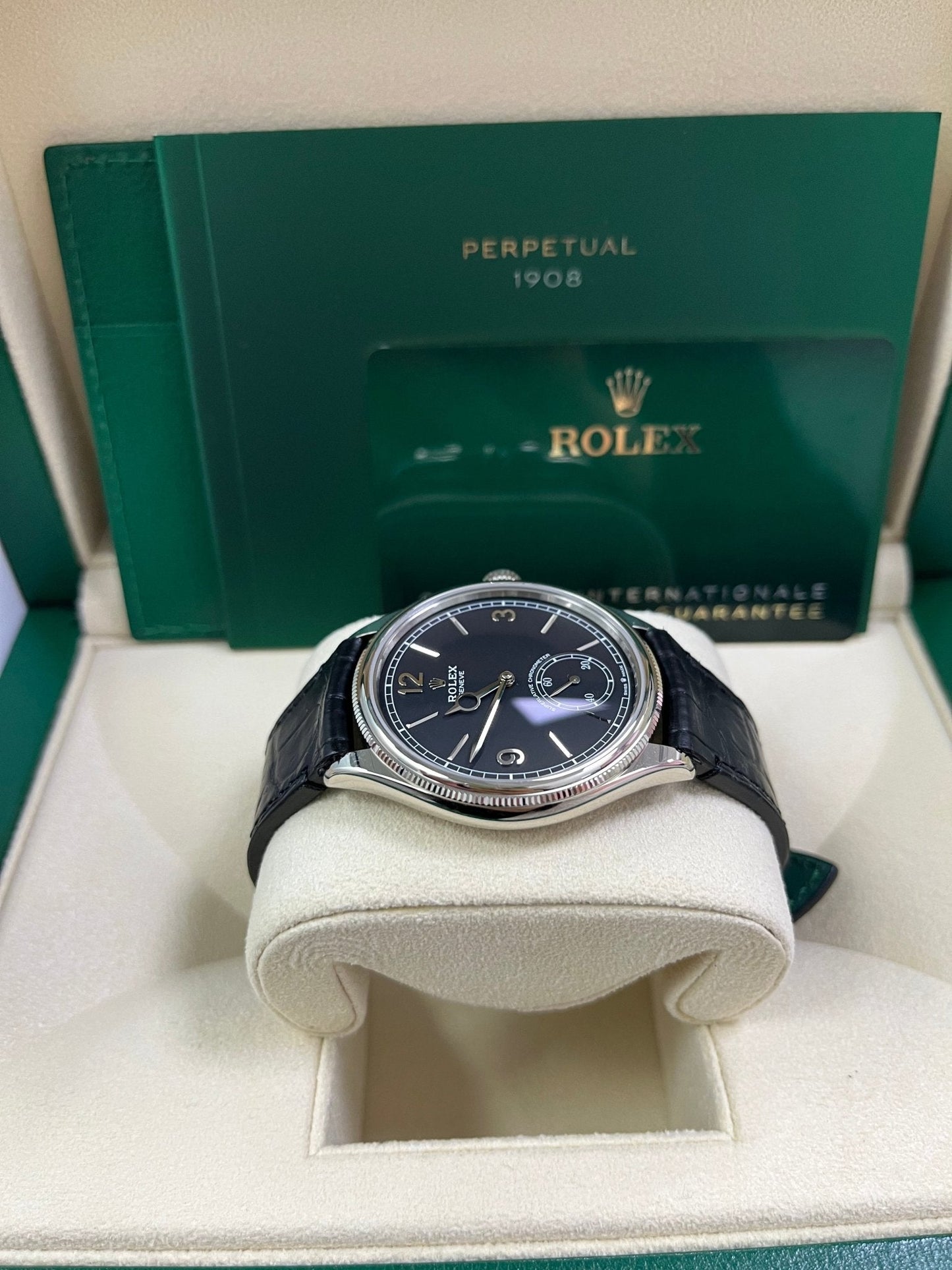 Rolex 1908 Domed And Fluted Bezel Black Index Arabic Dial Alligator Leather Strap 52509