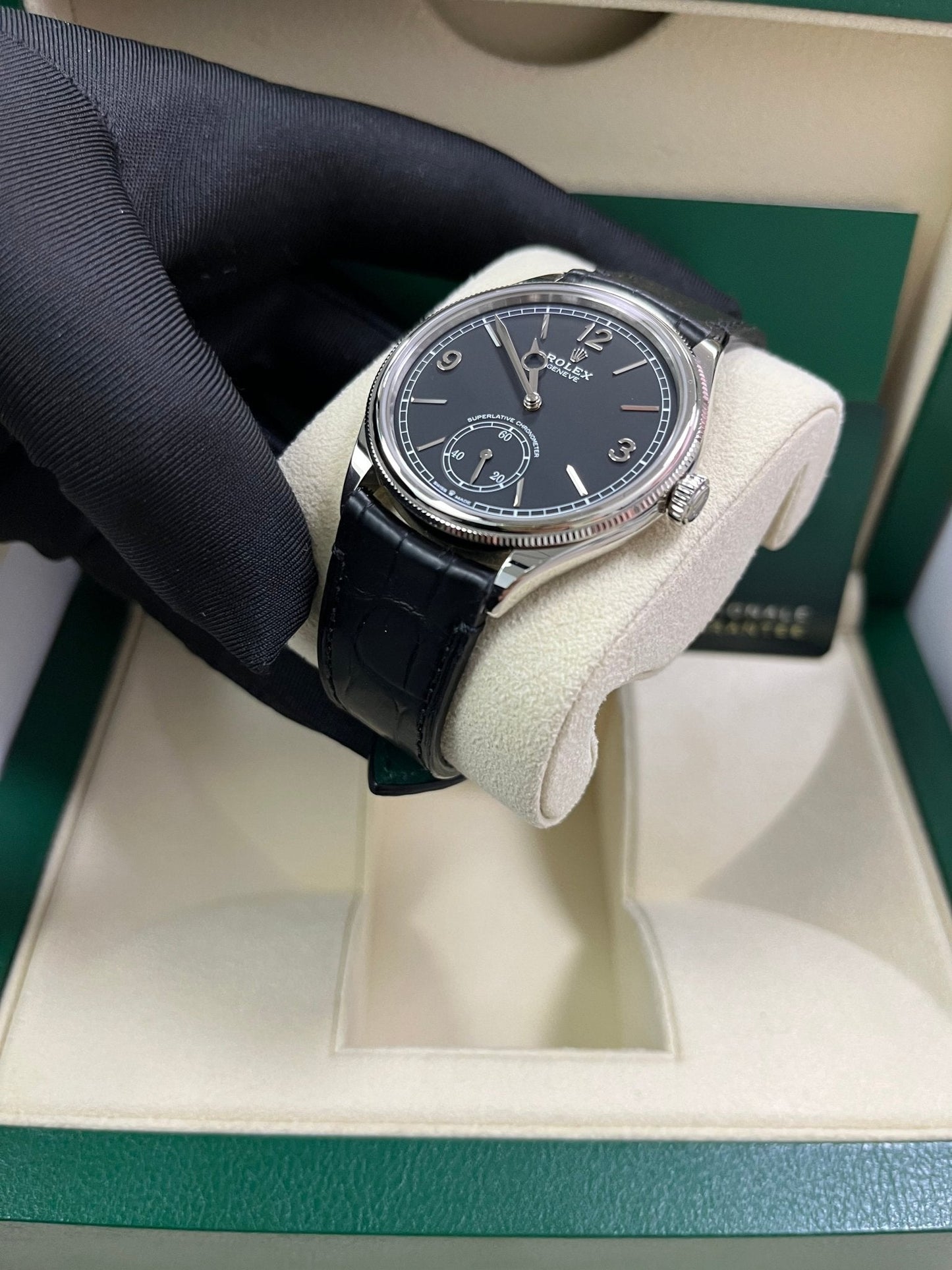 Rolex 1908 Domed And Fluted Bezel Black Index Arabic Dial Alligator Leather Strap 52509