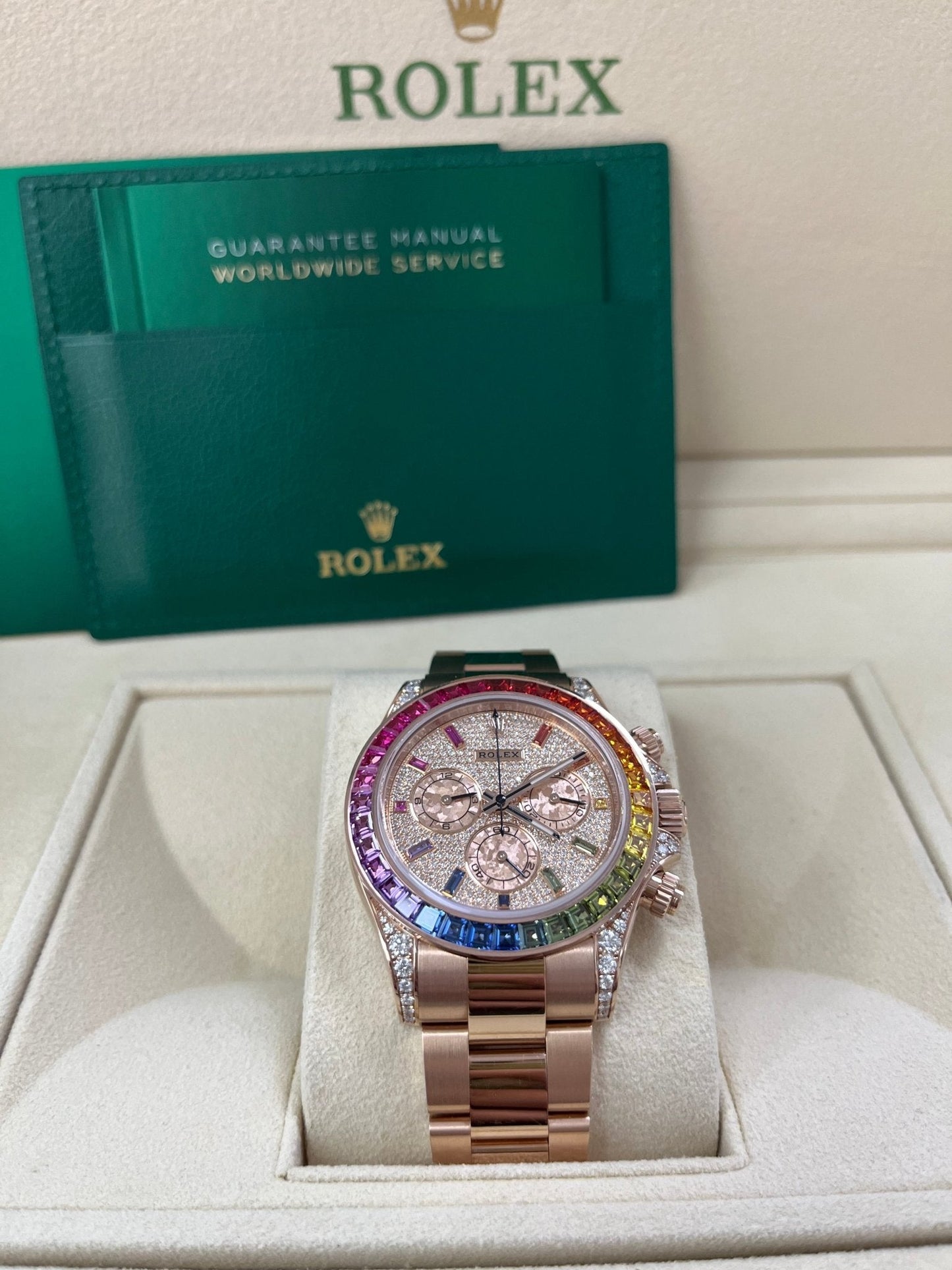 Rolex Cosmograph Everose Daytona Factory Diamond Rainbow Edition Ref# 116595RBOW)
