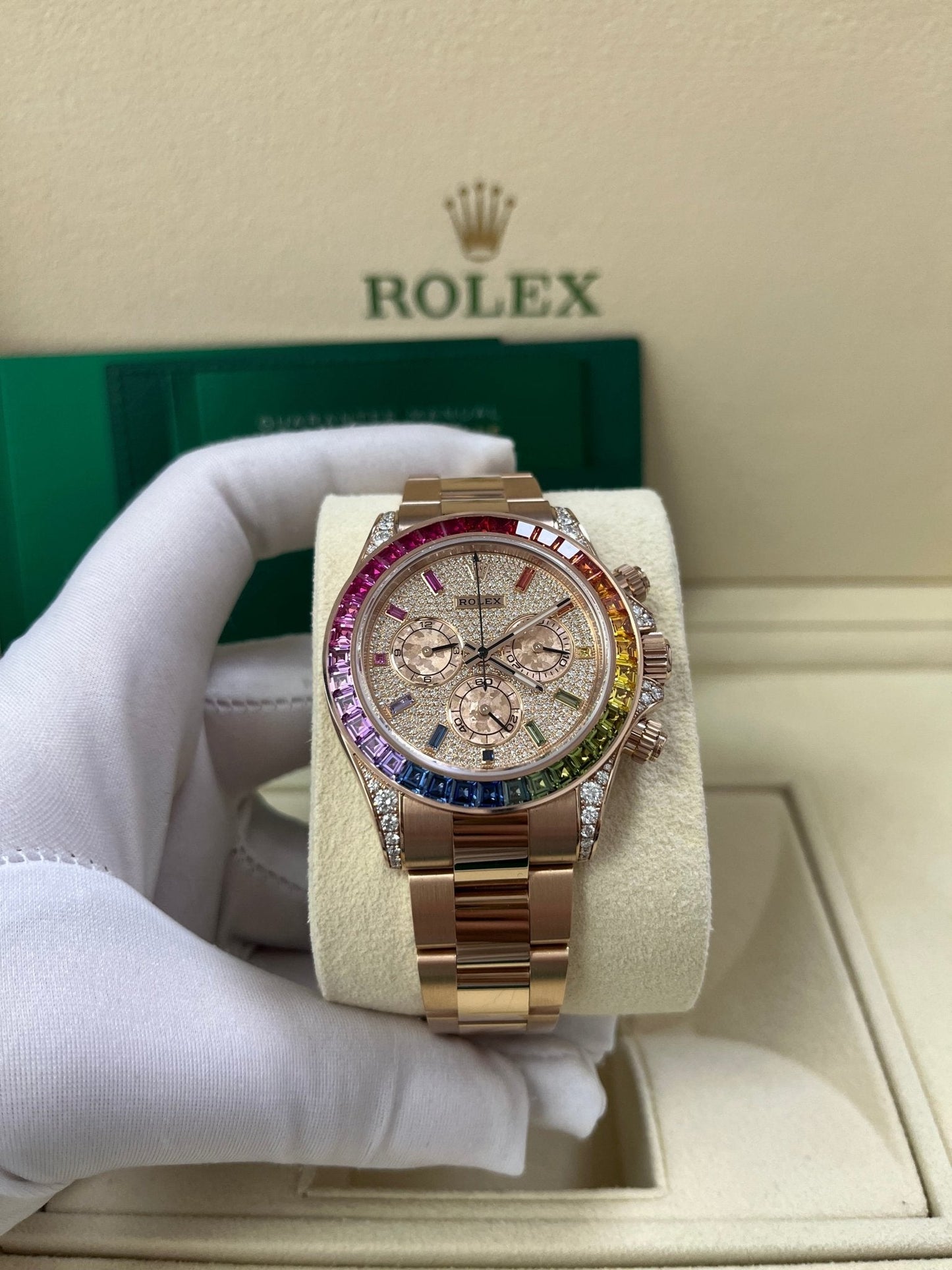 Rolex Cosmograph Everose Daytona Factory Diamond Rainbow Edition Ref# 116595RBOW)