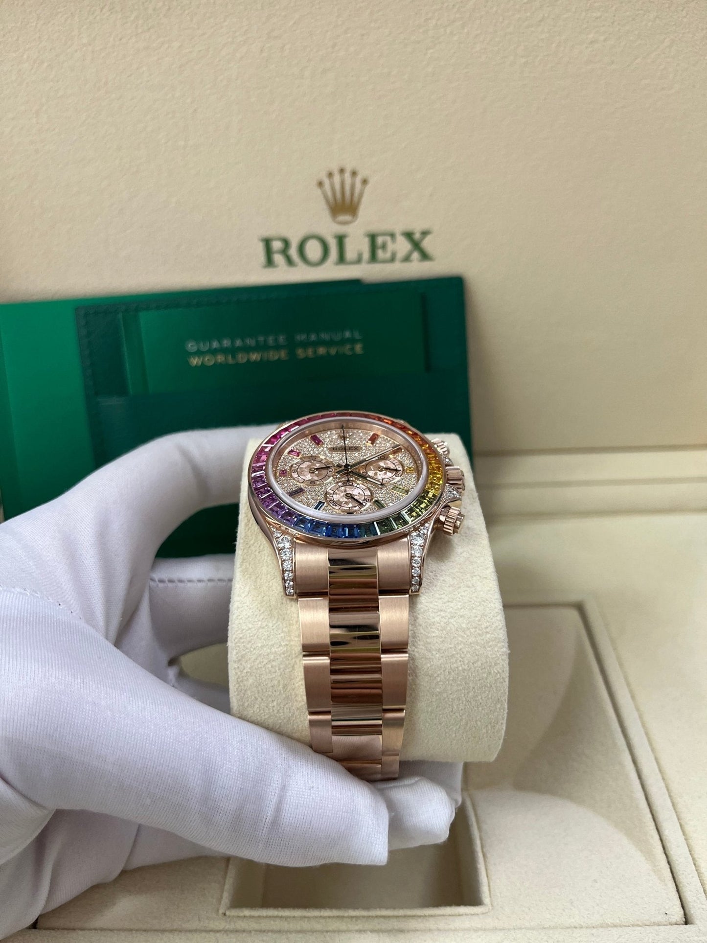 Rolex Cosmograph Everose Daytona Factory Diamond Rainbow Edition Ref# 116595RBOW)