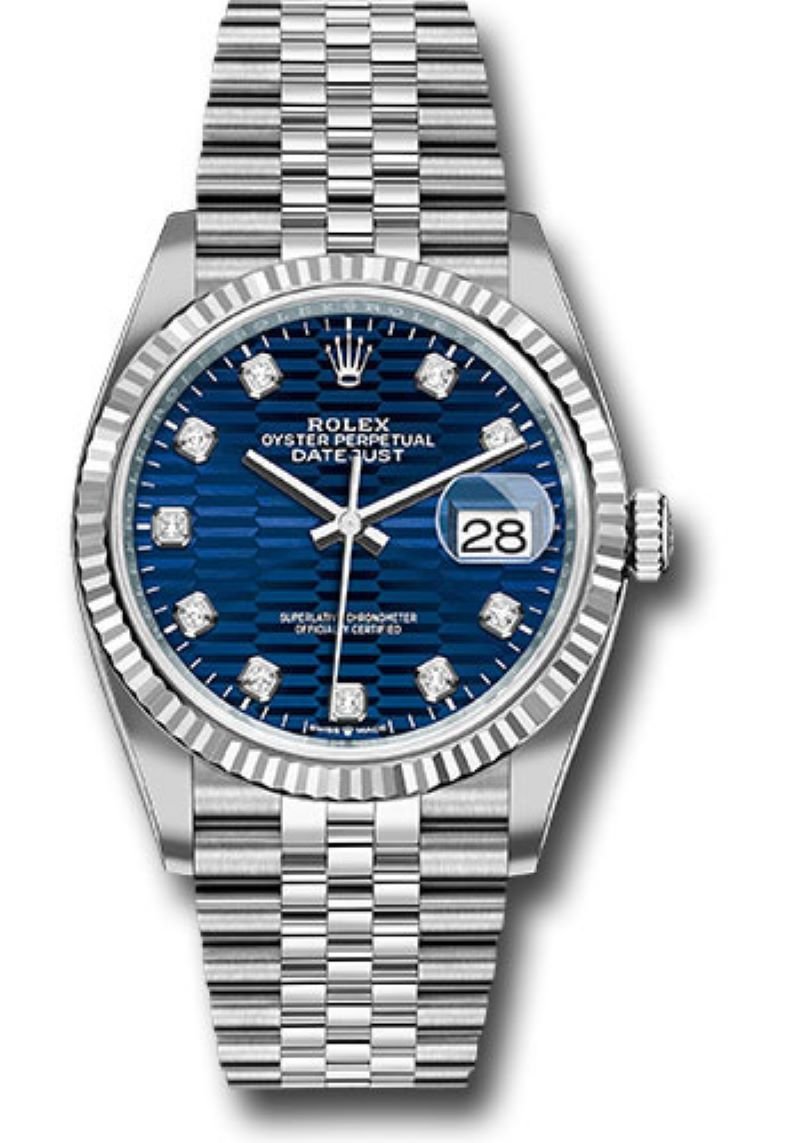 Rolex Datejust 36 Fluted Bezel Bright Blue Fluted Motif Diamond Dial Jubilee Bracelet 126234