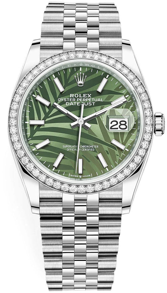 Rolex Datejust 36 Steel Diamond Bezel Olive Green Palm Index Dial Jubilee Band 126284rbr