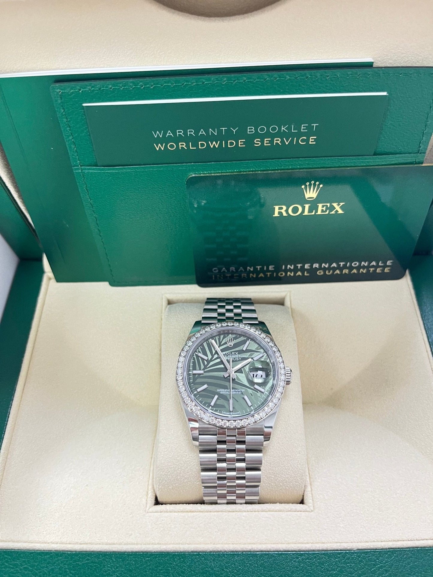 Rolex Datejust 36 Steel Diamond Bezel Olive Green Palm Index Dial Jubilee Band 126284rbr