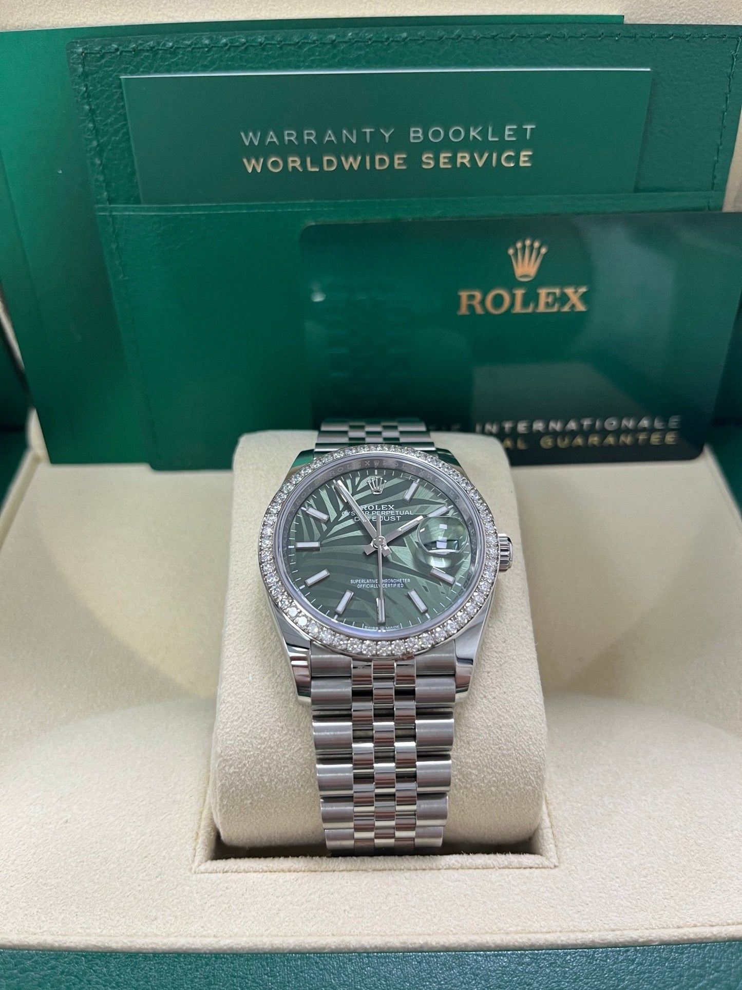 Rolex Datejust 36 Steel Diamond Bezel Olive Green Palm Index Dial Jubilee Band 126284rbr