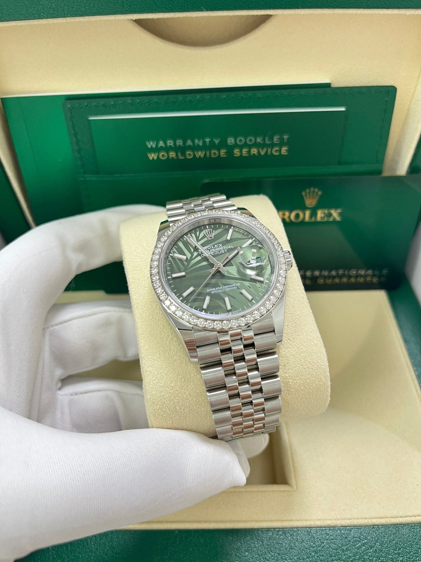 Rolex Datejust 36 Steel Diamond Bezel Olive Green Palm Index Dial Jubilee Band 126284rbr