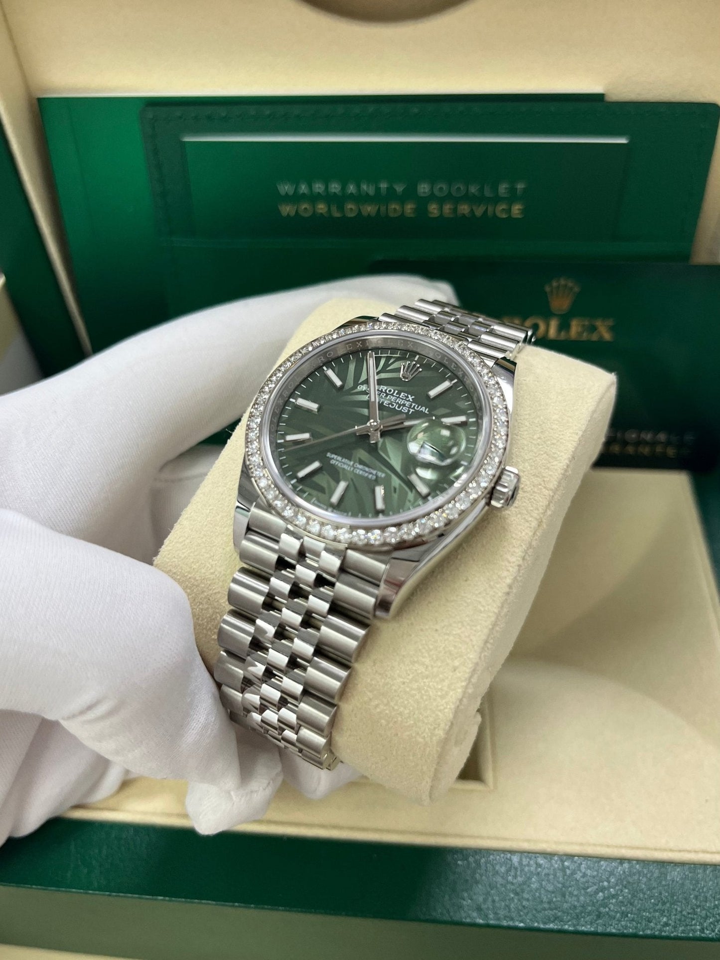 Rolex Datejust 36 Steel Diamond Bezel Olive Green Palm Index Dial Jubilee Band 126284rbr