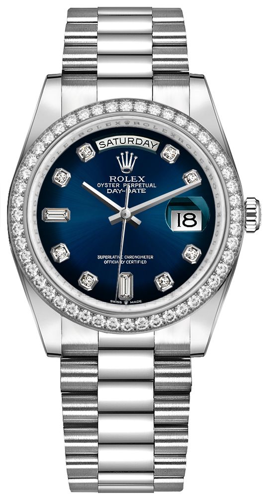 Rolex Day-Date 36/ Blue Ombre Dial/ Diamond Bezel/ White Gold President Bracelet (Ref # 128349RBR)