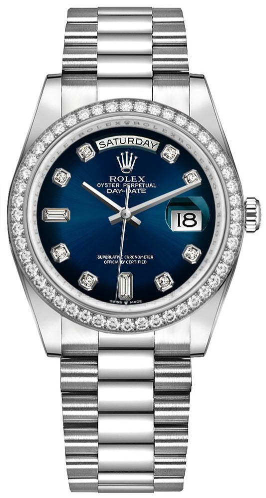 Rolex Day-Date 36/ Blue Ombre Dial/ Diamond Bezel/ White Gold President Bracelet (Ref # 128349RBR)