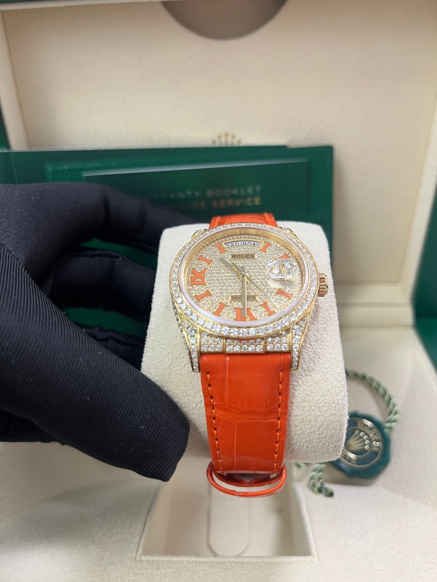Rolex Day-Date 36 Orange Alligator Strap Pave Dial 128158rbr
