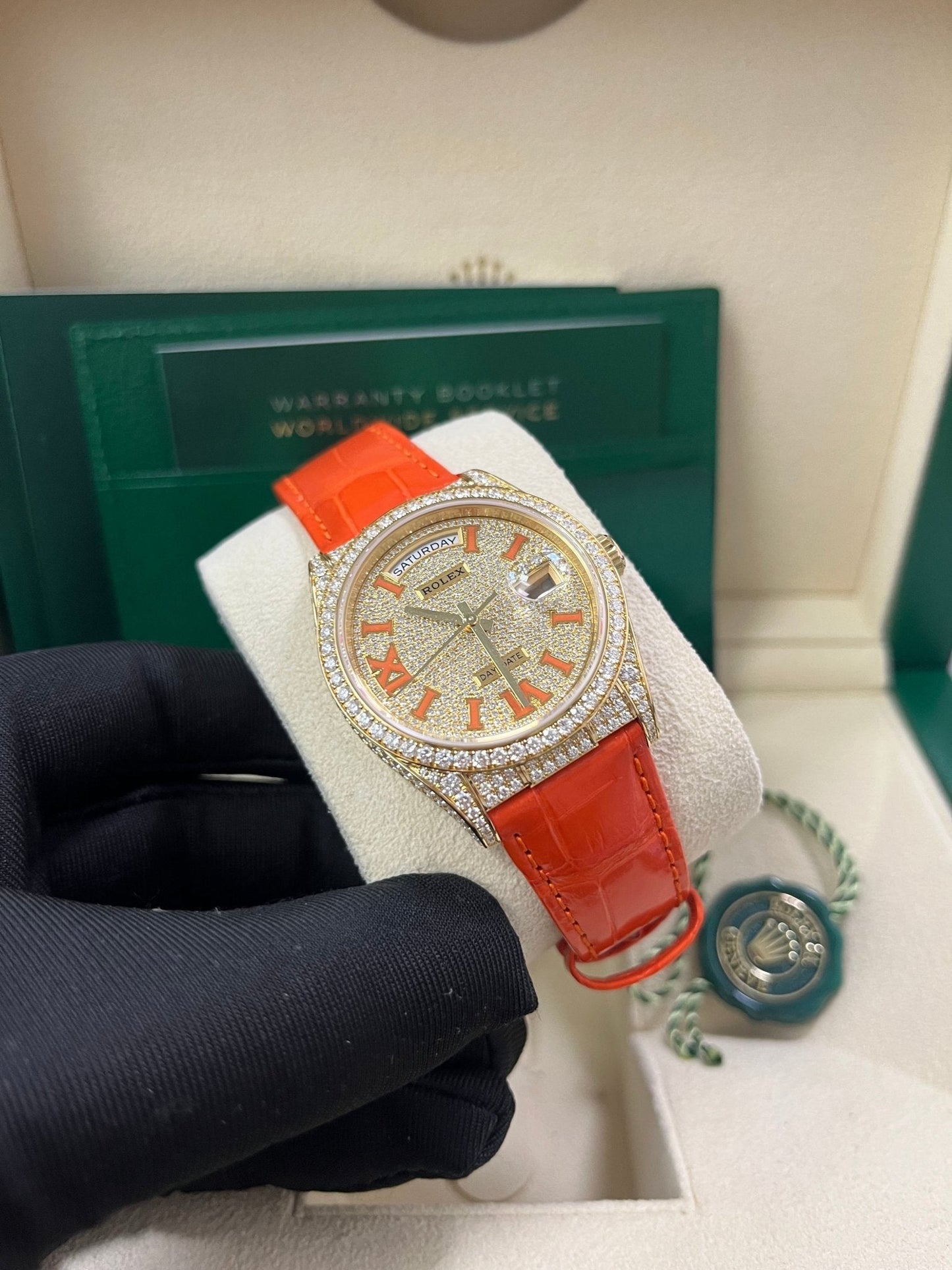 Rolex Day-Date 36 Orange Alligator Strap Pave Dial 128158rbr